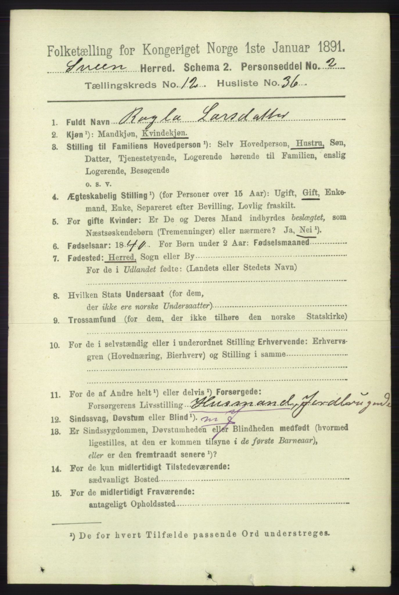 RA, 1891 census for 1216 Sveio, 1891, p. 3611