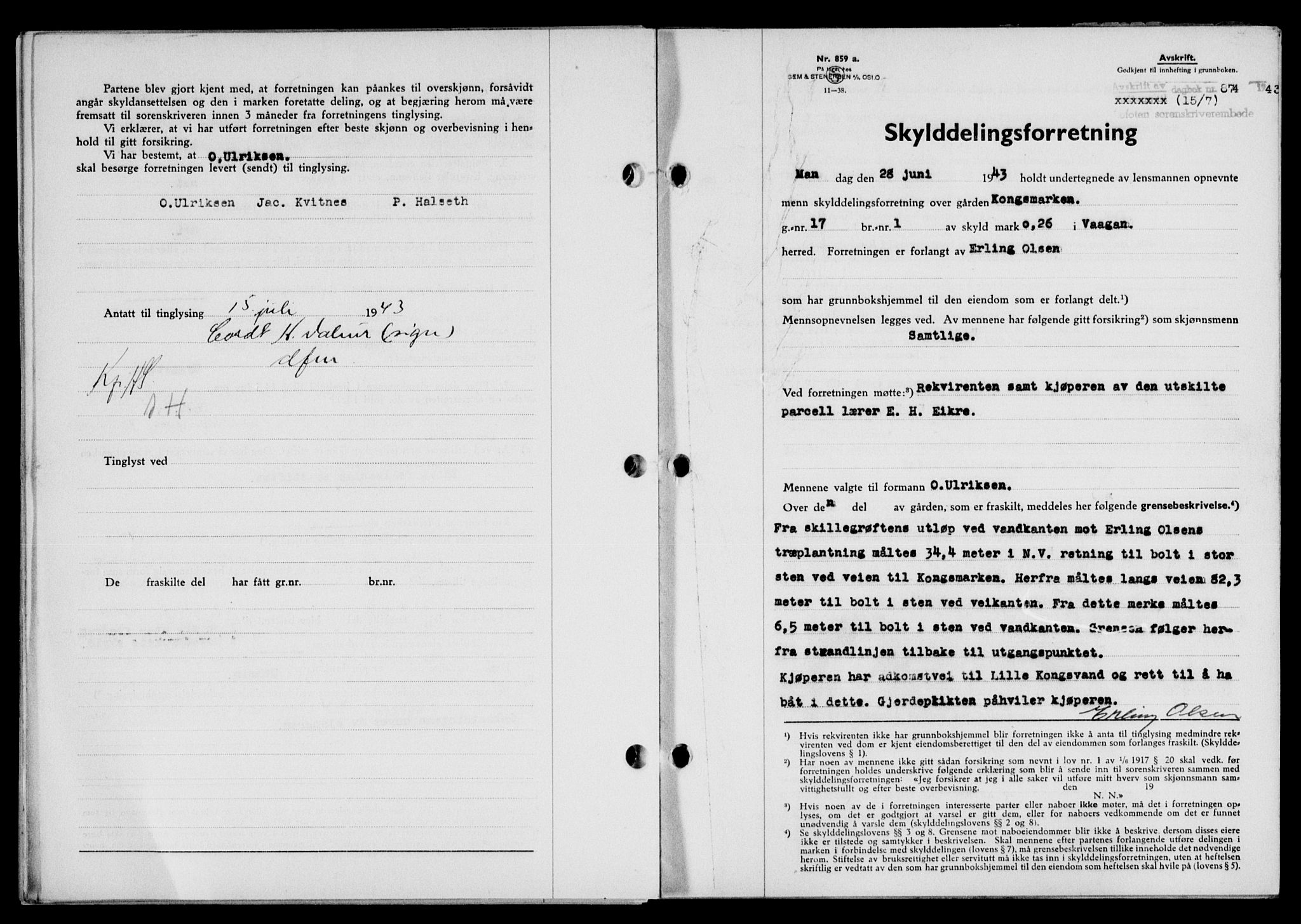 Lofoten sorenskriveri, SAT/A-0017/1/2/2C/L0011a: Mortgage book no. 11a, 1943-1943, Diary no: : 874/1943