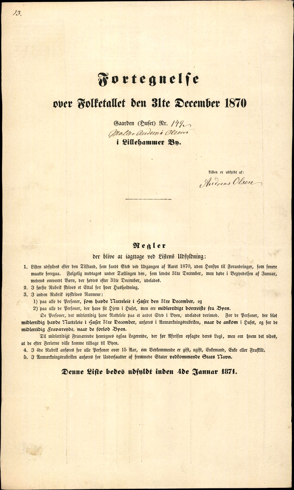RA, 1870 census for 0501 Lillehammer, 1870, p. 13
