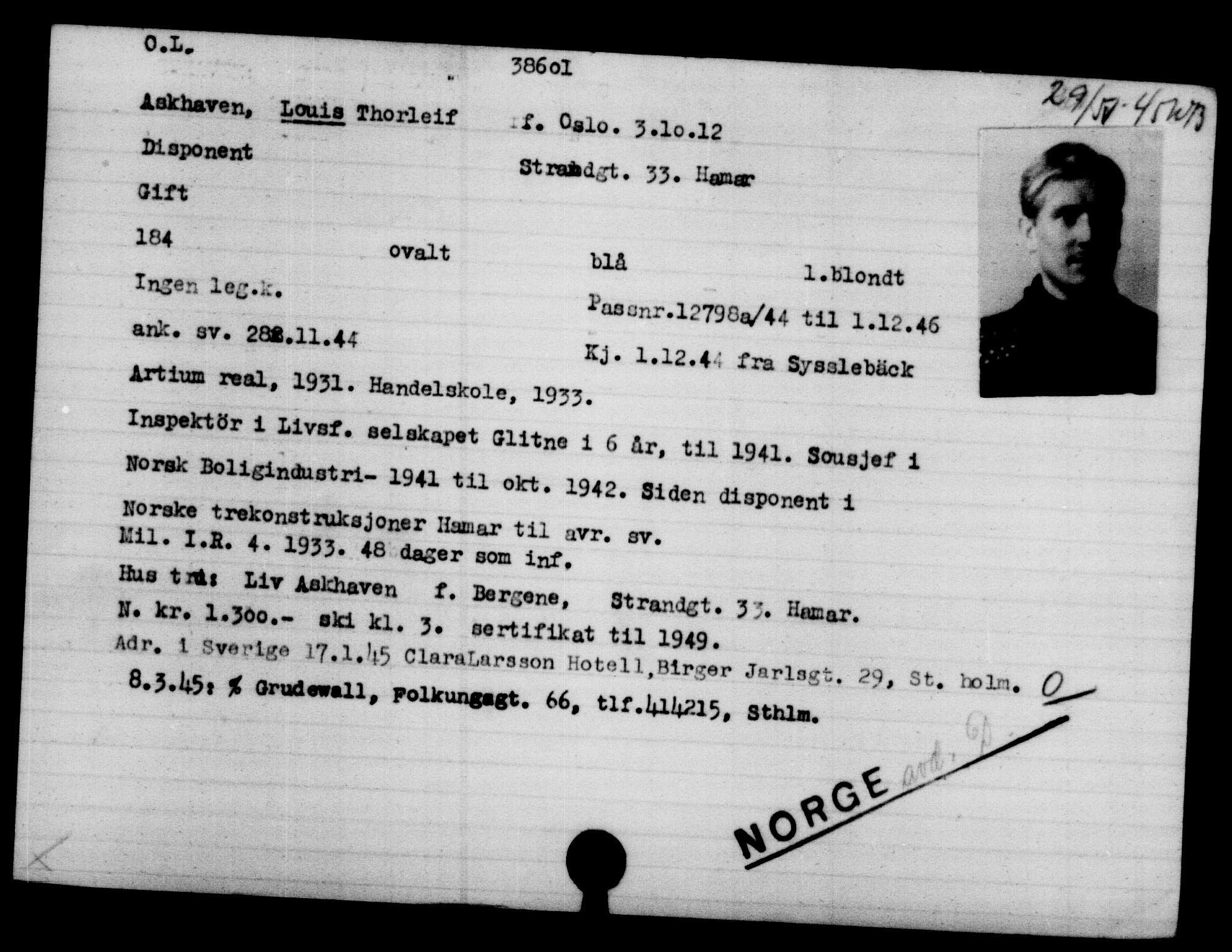 Utenriksstasjonene, Legasjonen i Stockholm, Flyktningkontoret, AV/RA-S-6753/V/Va/L0015: Kjesäterkartoteket, flyktninger med registreringsnr. 37800-40770, 1940-1945, p. 820