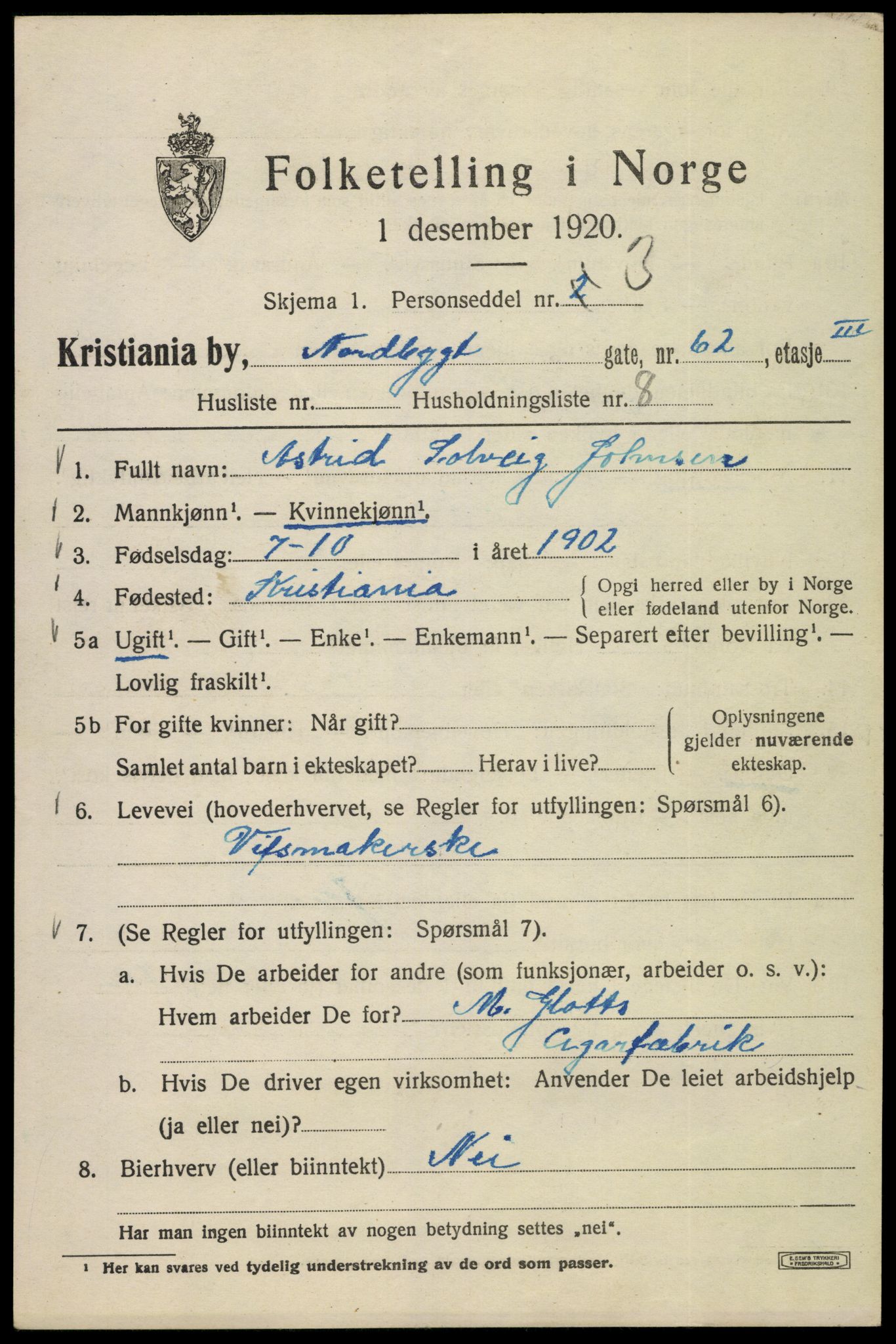 SAO, 1920 census for Kristiania, 1920, p. 420905