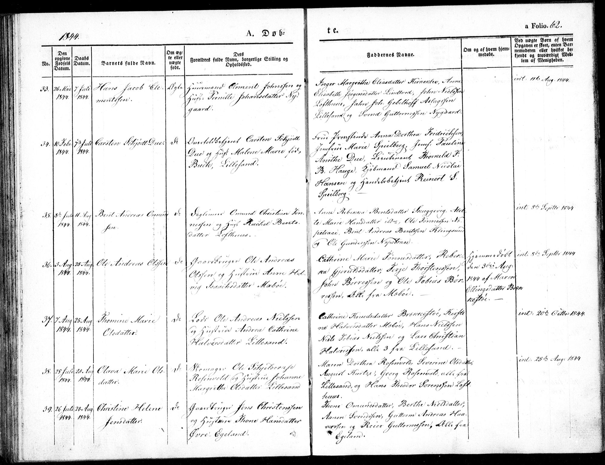 Vestre Moland sokneprestkontor, AV/SAK-1111-0046/F/Fb/Fbb/L0002: Parish register (copy) no. B 2, 1836-1851, p. 62