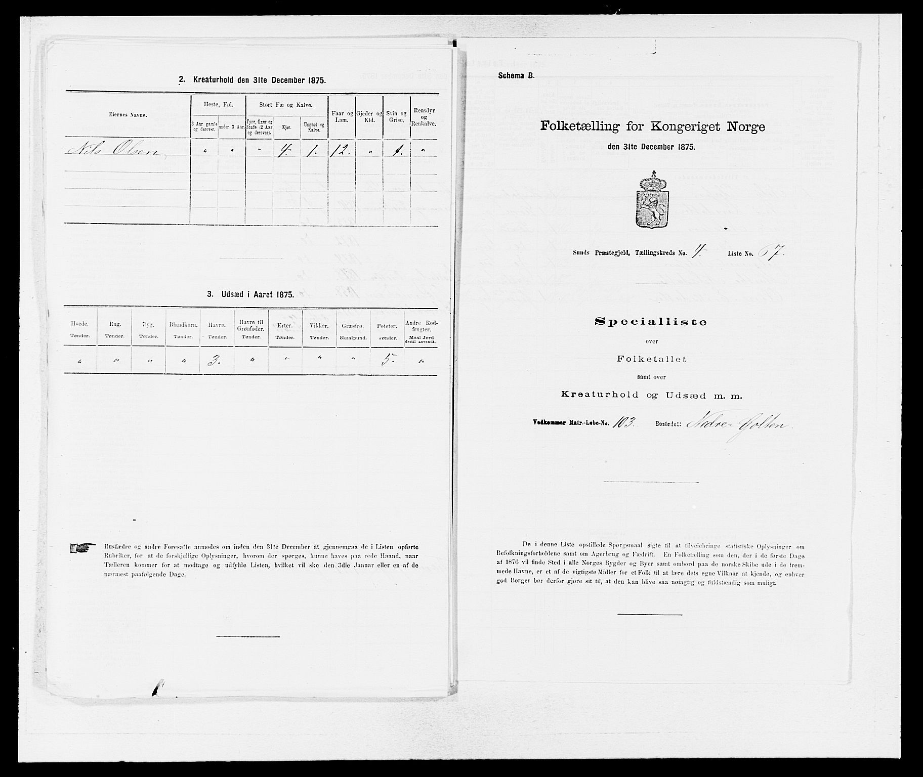 SAB, 1875 census for 1245P Sund, 1875, p. 466