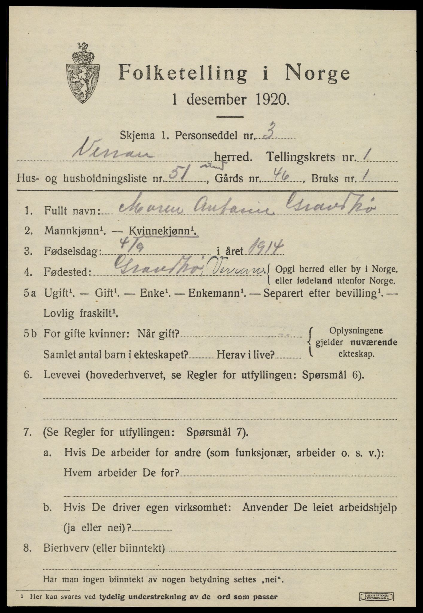 SAT, 1920 census for Verran, 1920, p. 1066