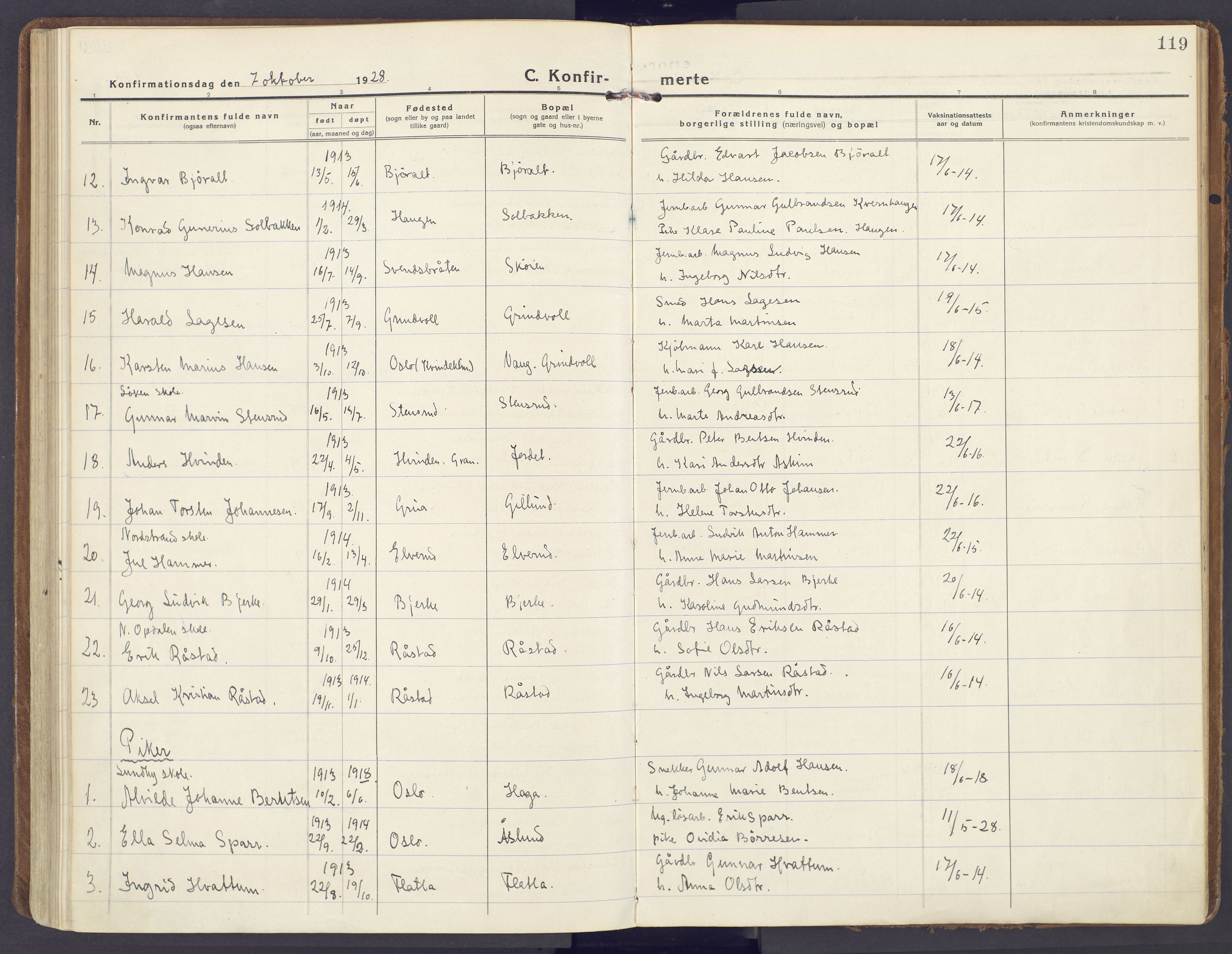Lunner prestekontor, SAH/PREST-118/H/Ha/Haa/L0002: Parish register (official) no. 2, 1922-1931, p. 119
