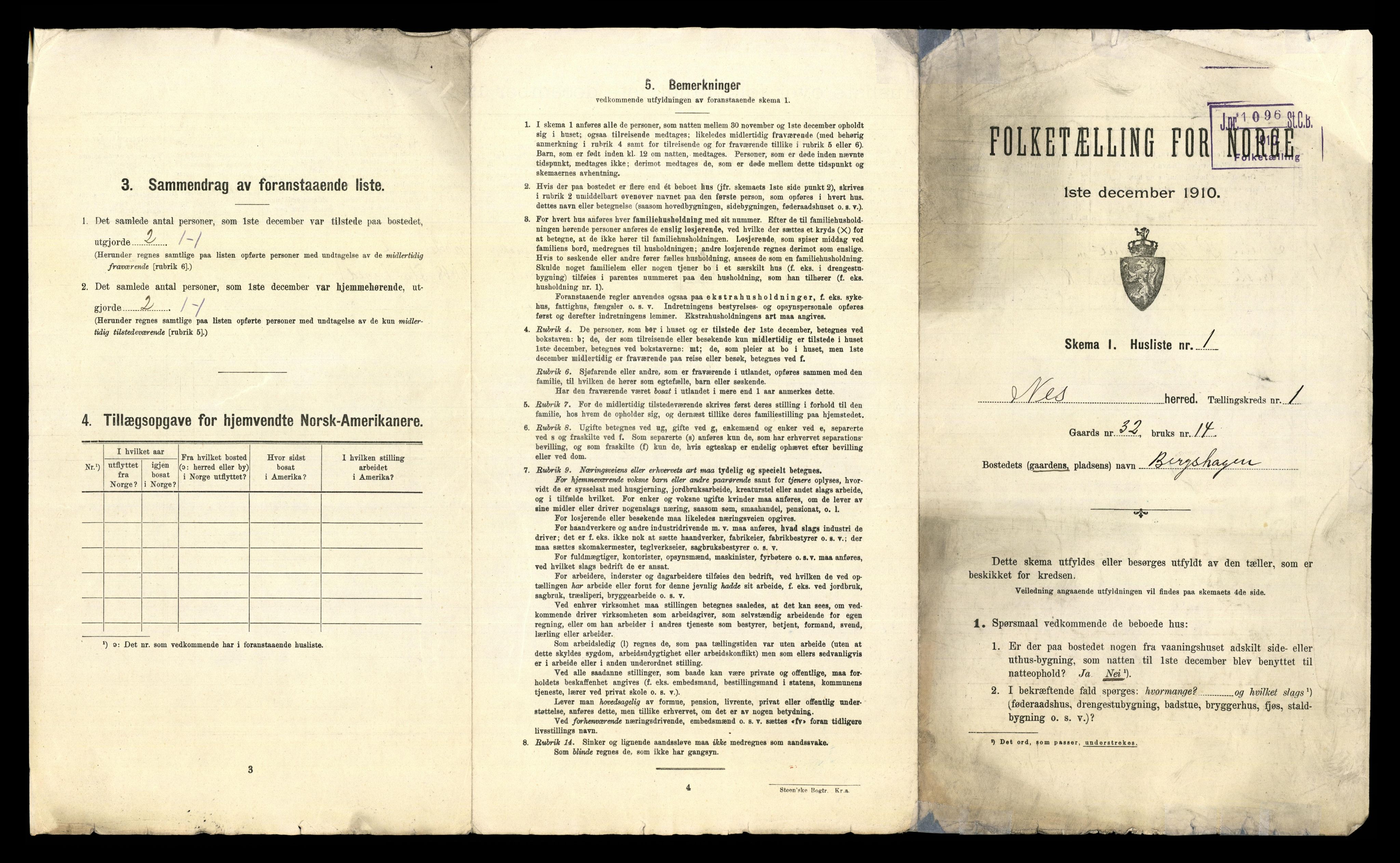 RA, 1910 census for Nes, 1910, p. 34