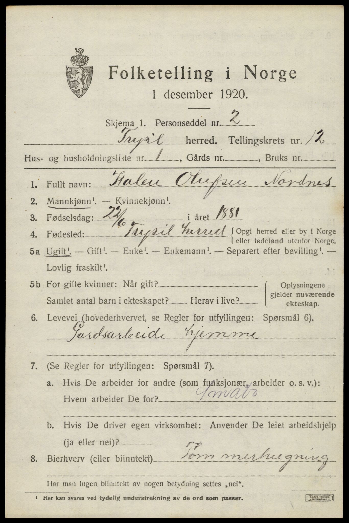 SAH, 1920 census for Trysil, 1920, p. 7111