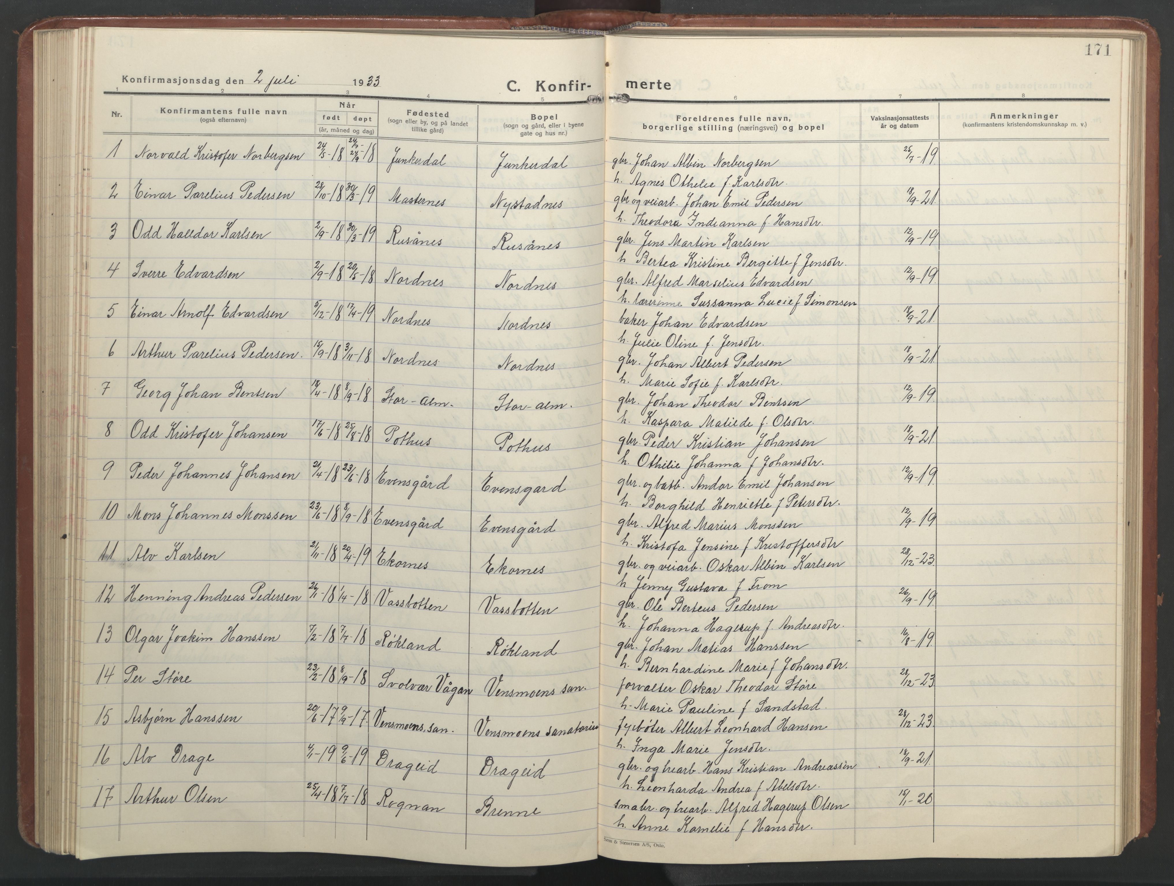 Ministerialprotokoller, klokkerbøker og fødselsregistre - Nordland, AV/SAT-A-1459/847/L0680: Parish register (copy) no. 847C08, 1930-1947, p. 171