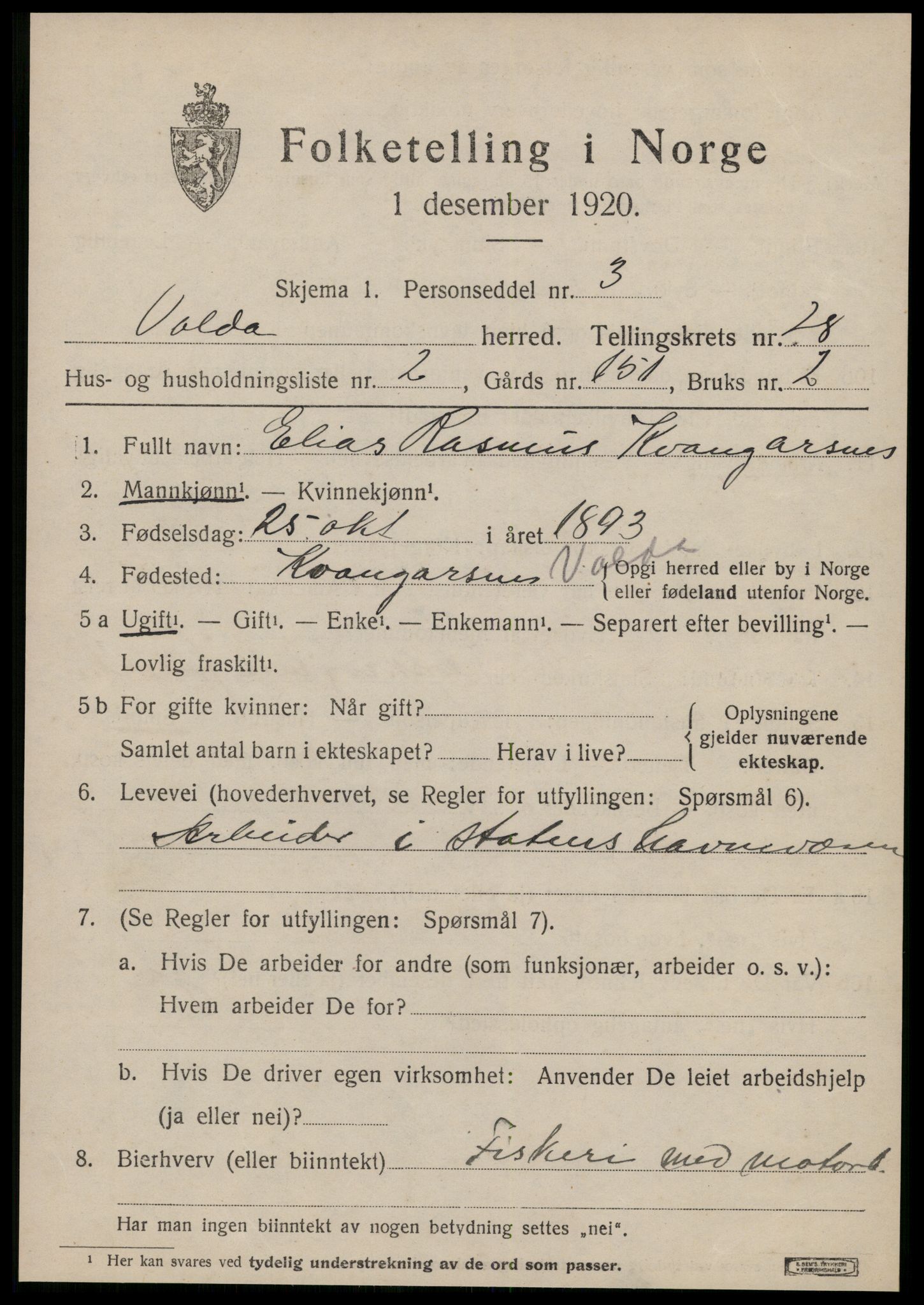 SAT, 1920 census for Volda, 1920, p. 12952