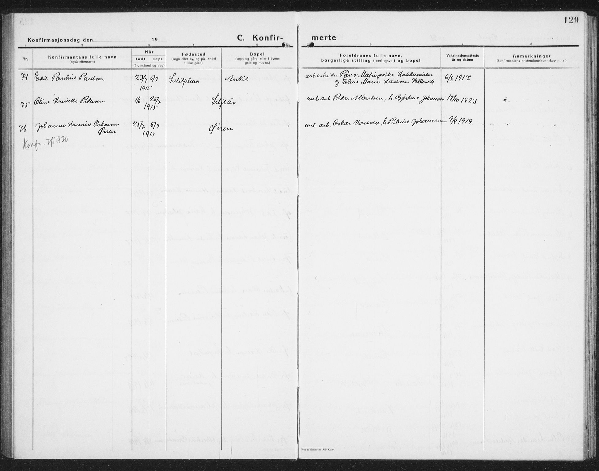 Ministerialprotokoller, klokkerbøker og fødselsregistre - Nordland, AV/SAT-A-1459/854/L0788: Parish register (copy) no. 854C04, 1926-1940, p. 129