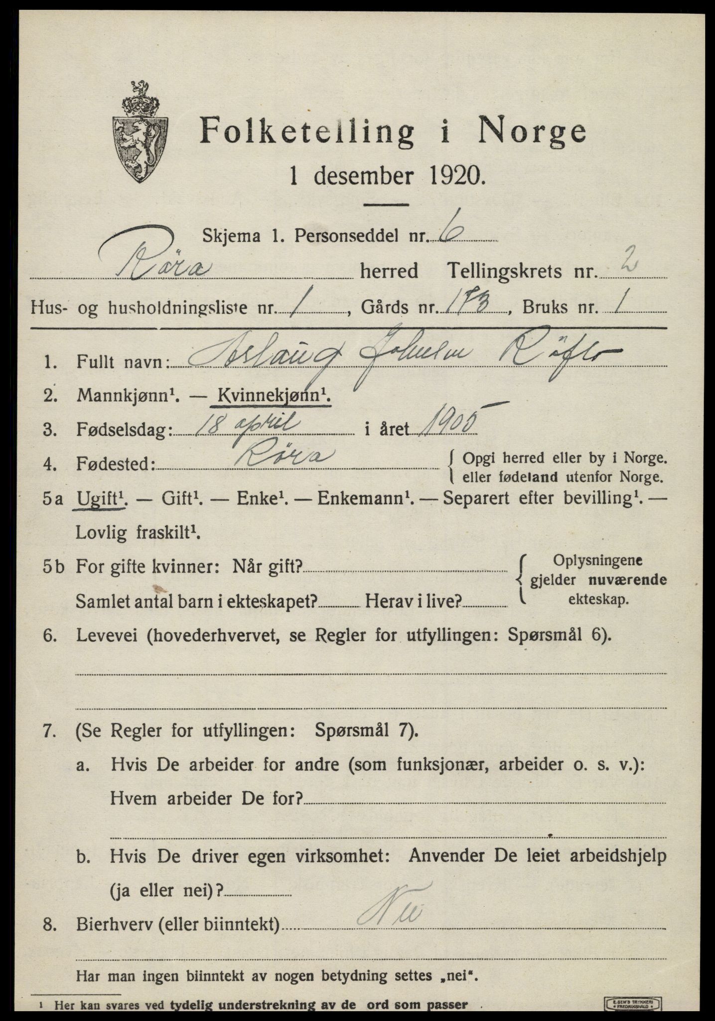 SAT, 1920 census for Røra, 1920, p. 1513