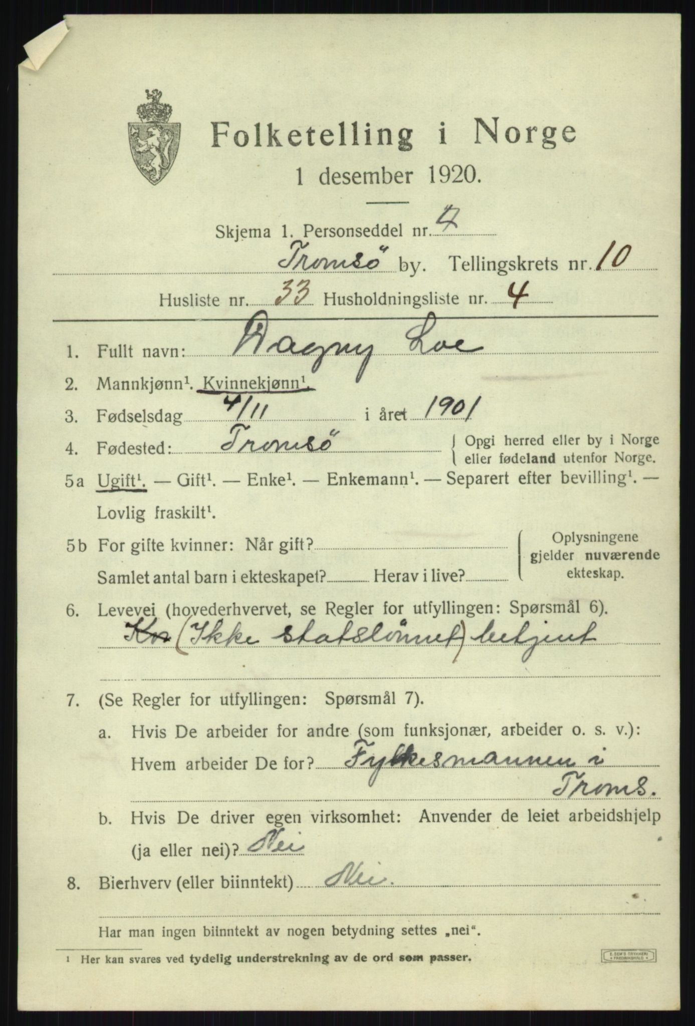 SATØ, 1920 census for Tromsø, 1920, p. 20866