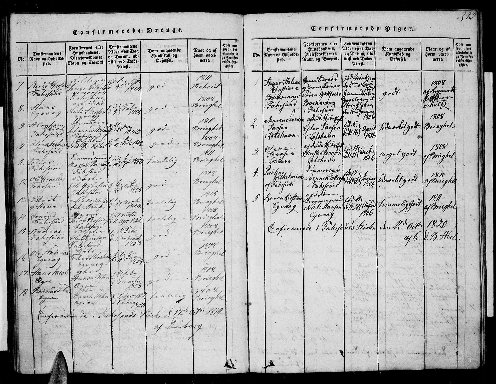 Farsund sokneprestkontor, AV/SAK-1111-0009/F/Fa/L0002: Parish register (official) no. A 2, 1815-1836, p. 243