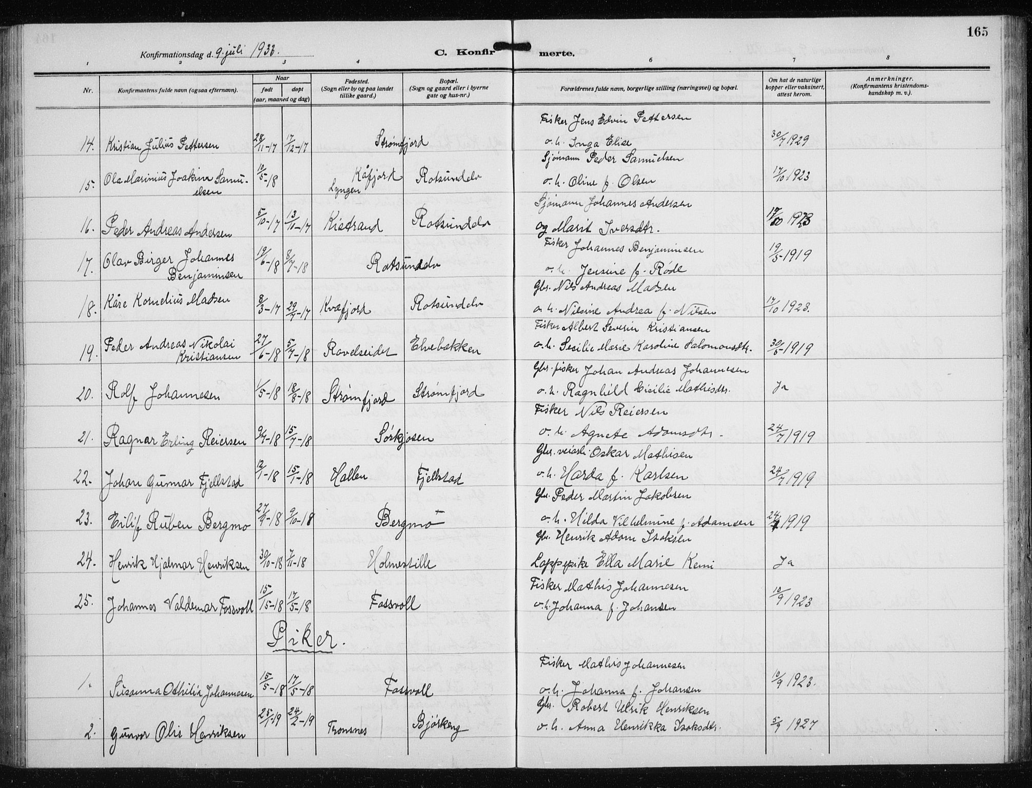 Skjervøy sokneprestkontor, AV/SATØ-S-1300/H/Ha/Hab/L0023klokker: Parish register (copy) no. 23, 1927-1943, p. 165