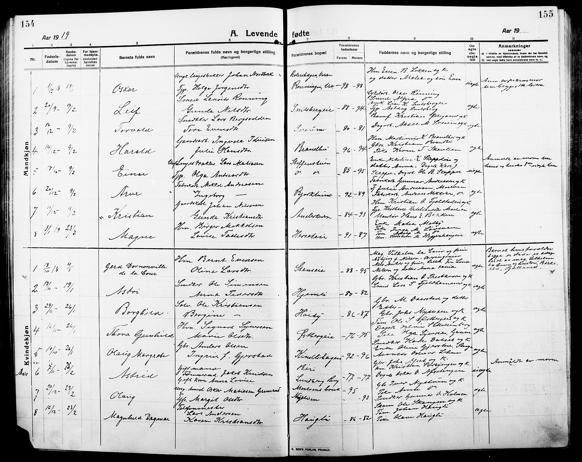 Ringsaker prestekontor, SAH/PREST-014/L/La/L0018: Parish register (copy) no. 18, 1913-1922, p. 154-155