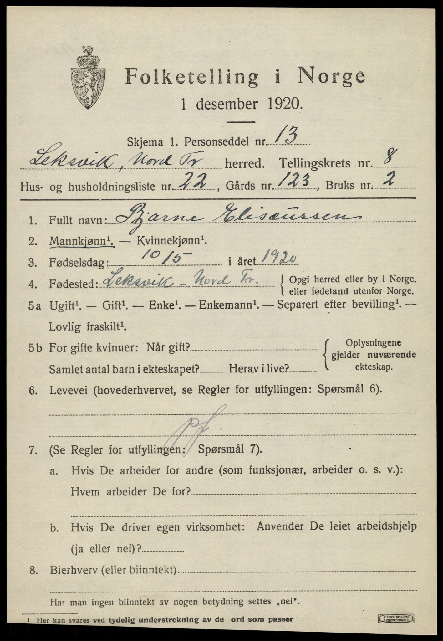 SAT, 1920 census for Leksvik, 1920, p. 6802