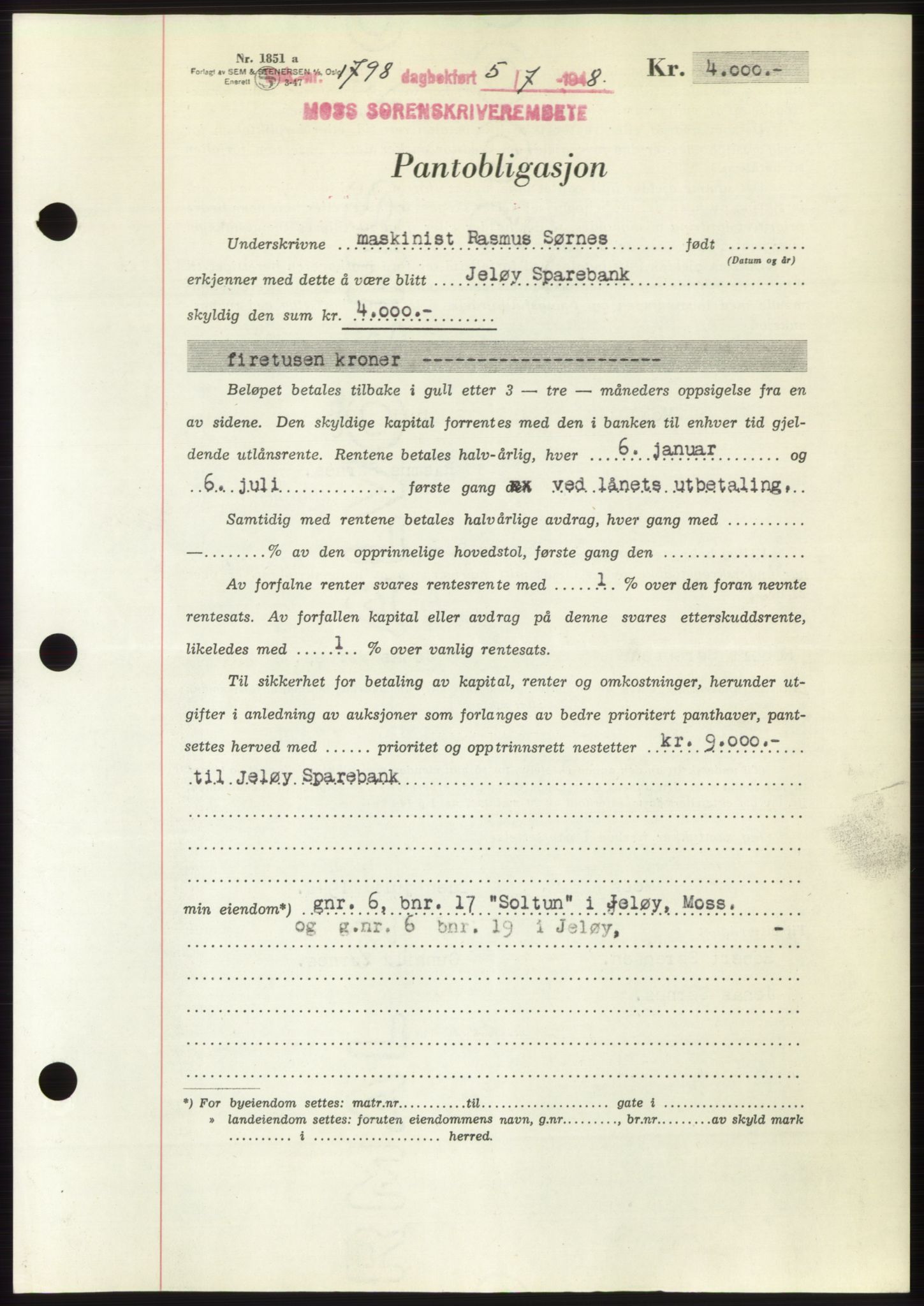 Moss sorenskriveri, AV/SAO-A-10168: Mortgage book no. B20, 1948-1948, Diary no: : 1798/1948