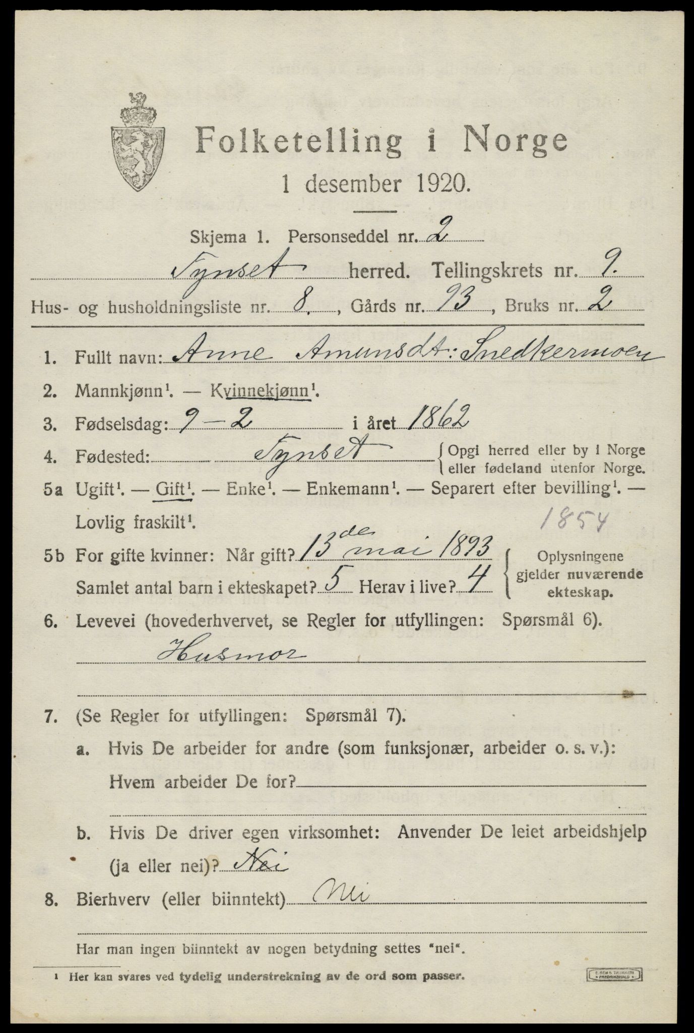 SAH, 1920 census for Tynset, 1920, p. 7226