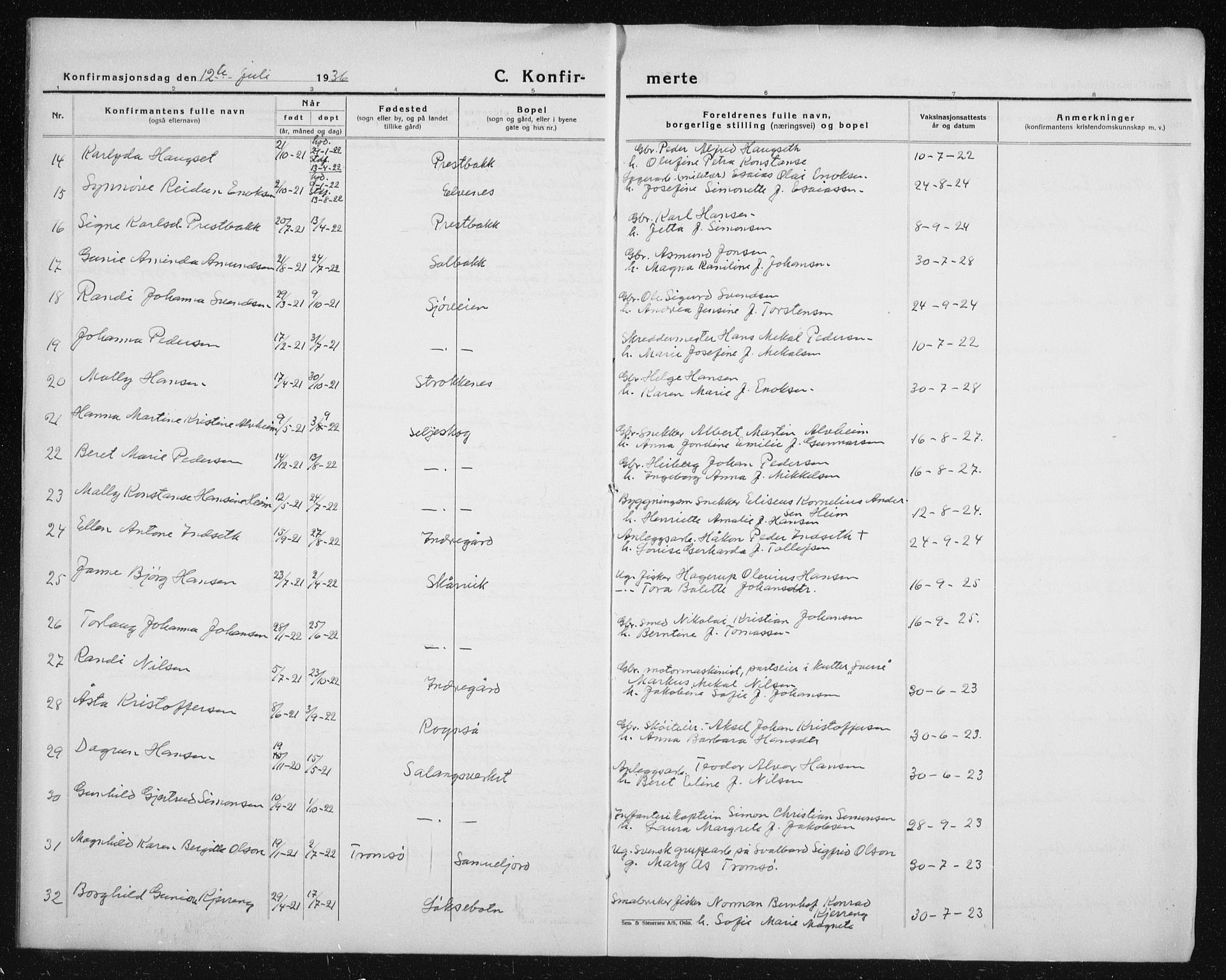 Salangen sokneprestembete, AV/SATØ-S-1324/H/Hb/L0006klokker: Parish register (copy) no. 6, 1919-1937