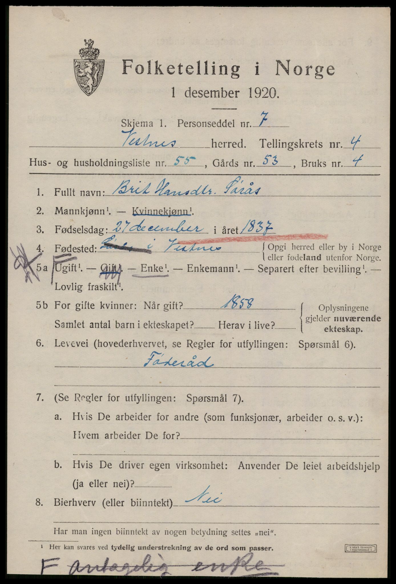 SAT, 1920 census for Vestnes, 1920, p. 3925