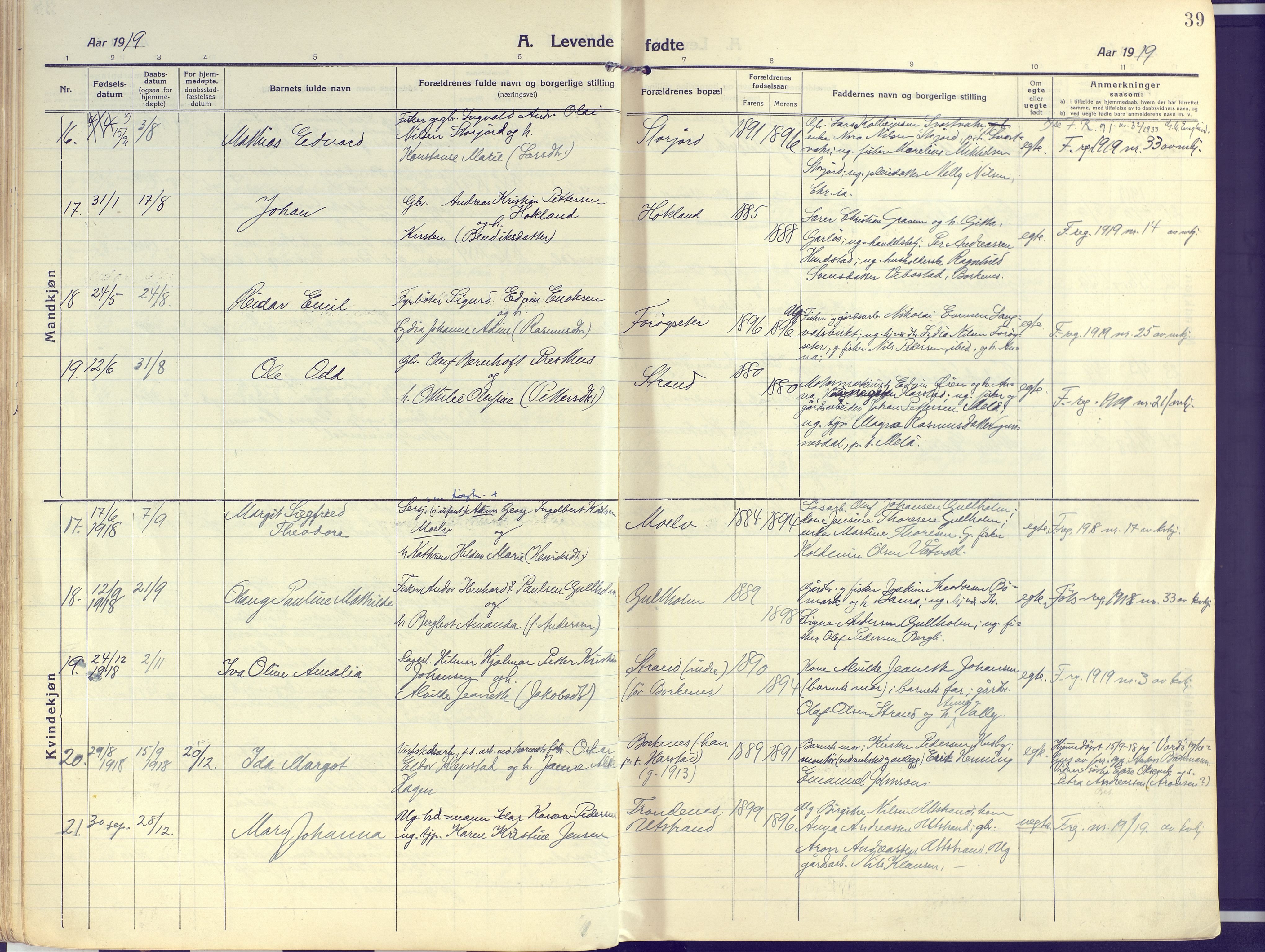 Kvæfjord sokneprestkontor, SATØ/S-1323/G/Ga/Gaa/L0007kirke: Parish register (official) no. 7, 1915-1931, p. 39