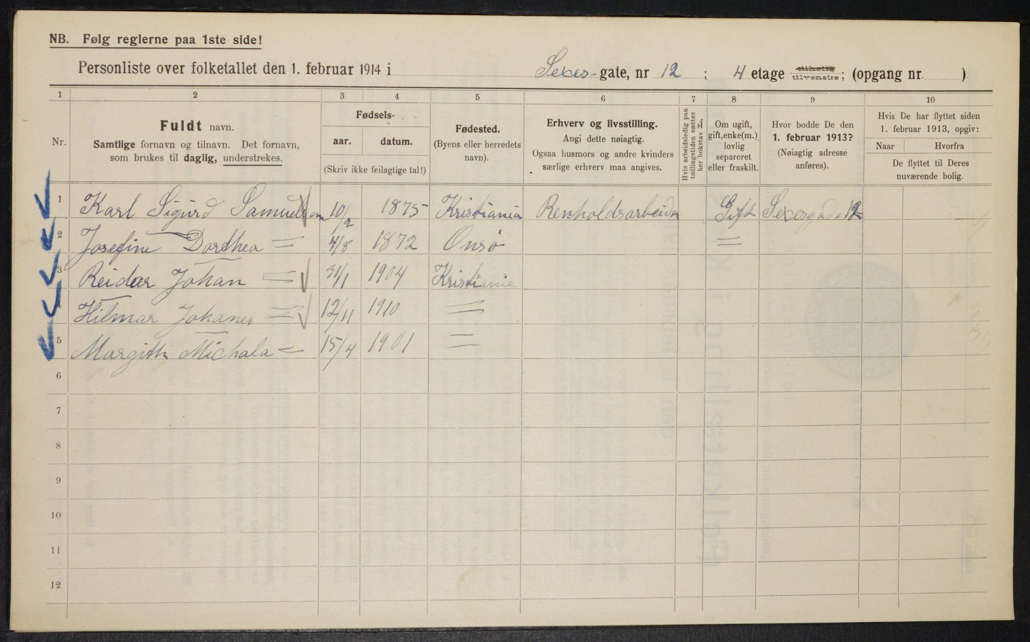 OBA, Municipal Census 1914 for Kristiania, 1914, p. 94624