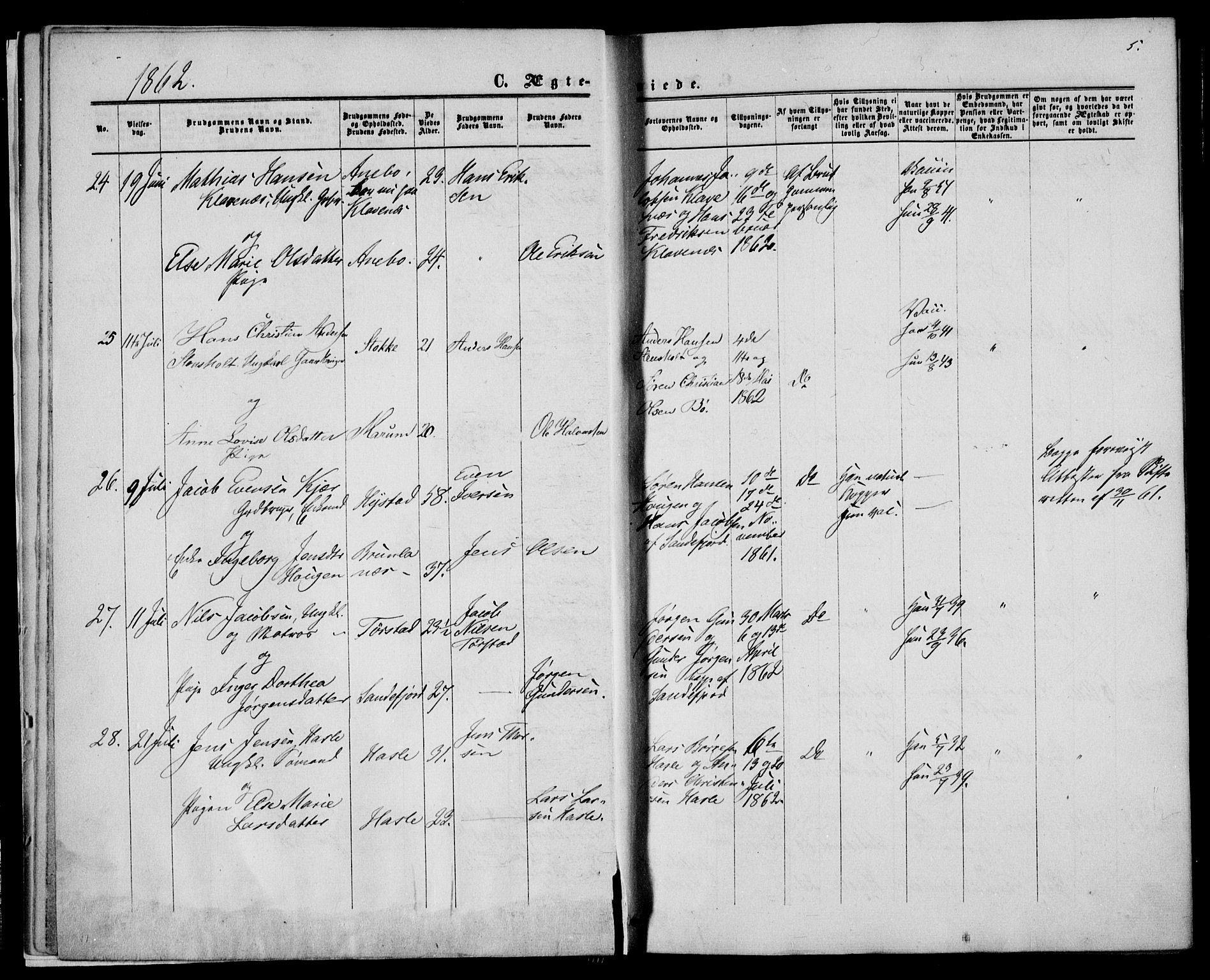 Sandar kirkebøker, SAKO/A-243/F/Fa/L0009: Parish register (official) no. 9, 1862-1871, p. 5