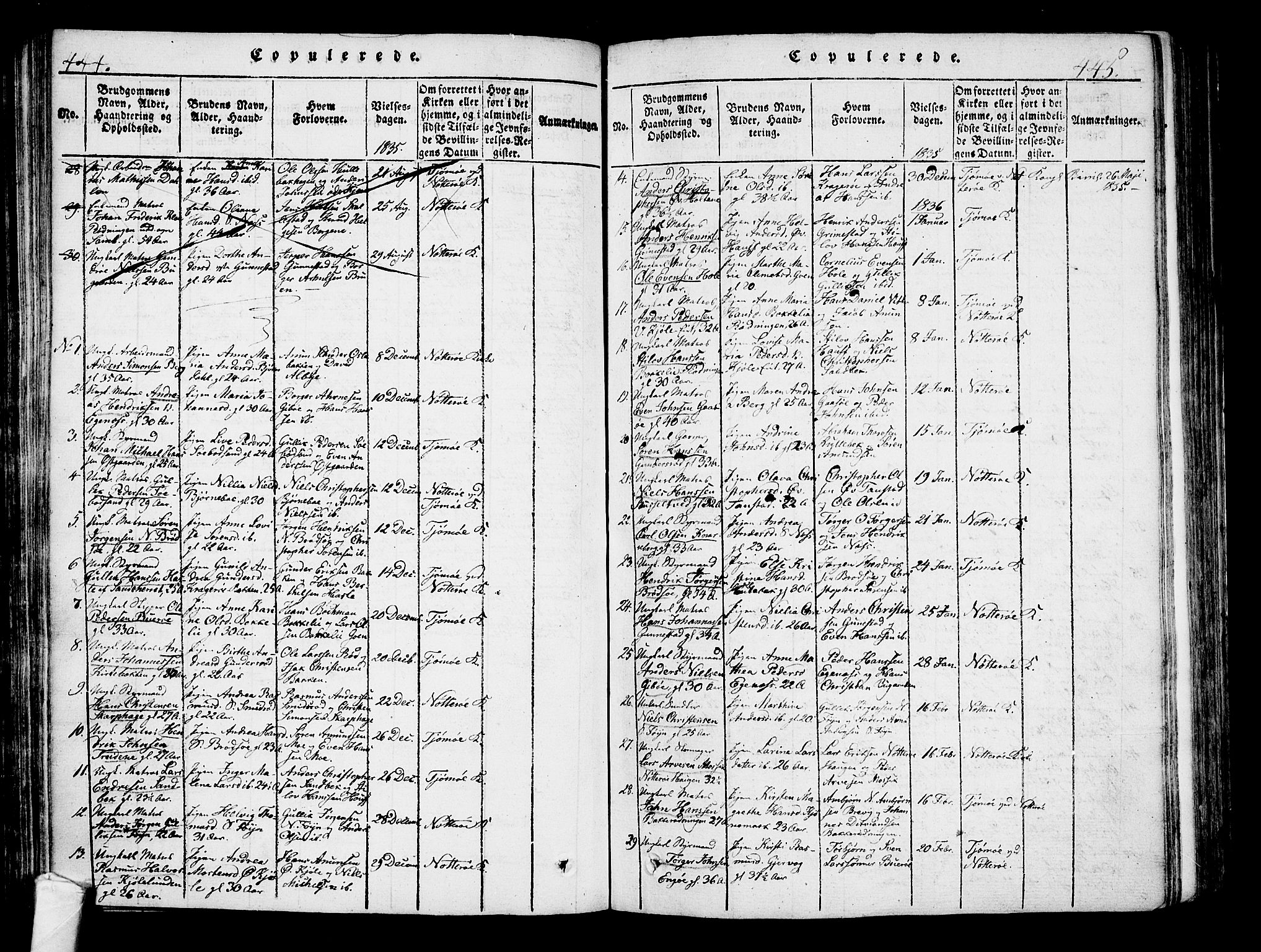 Nøtterøy kirkebøker, SAKO/A-354/F/Fa/L0004: Parish register (official) no. I 4, 1814-1838, p. 444-445