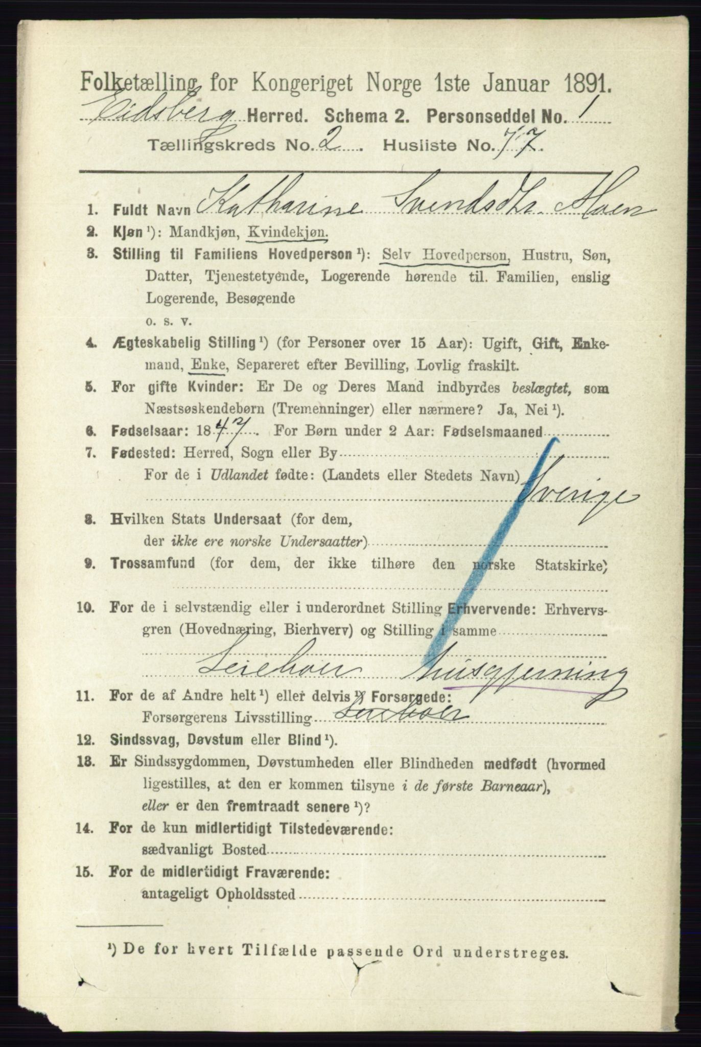 RA, 1891 census for 0125 Eidsberg, 1891, p. 1314