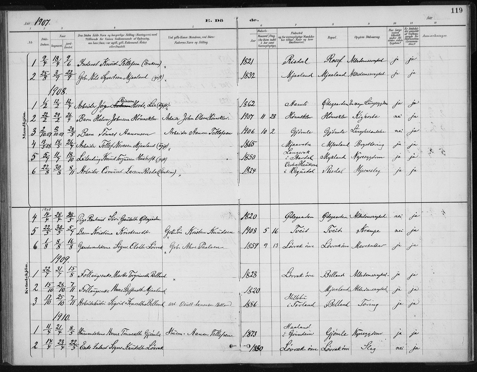 Herefoss sokneprestkontor, SAK/1111-0019/F/Fa/Fac/L0002: Parish register (official) no. A 2, 1887-1915, p. 119
