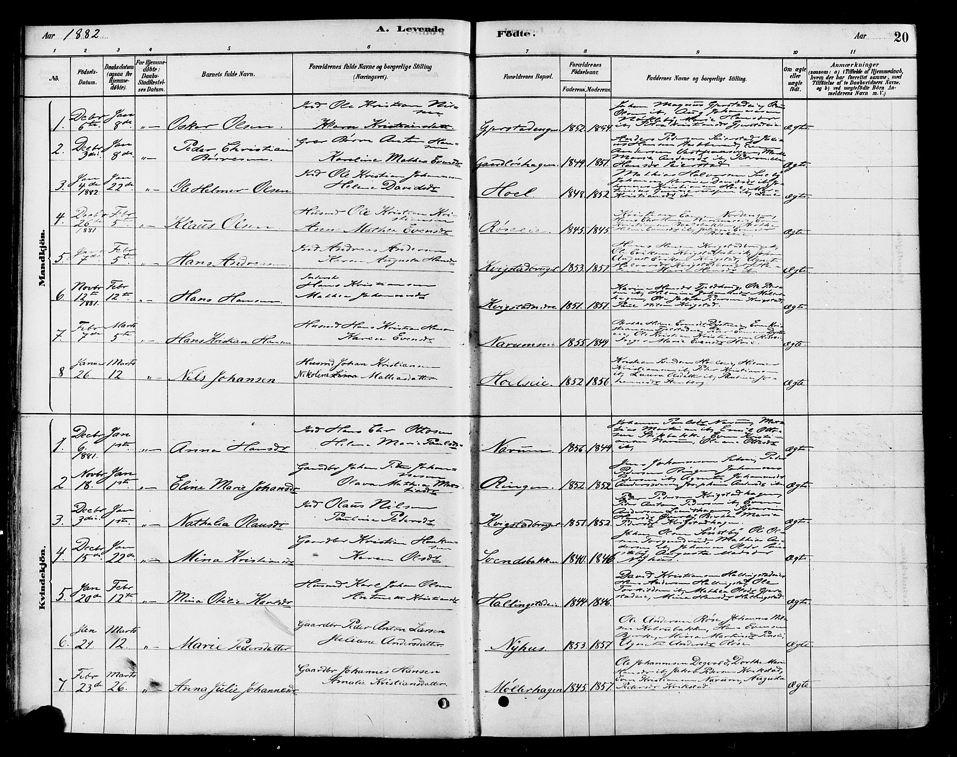Vestre Toten prestekontor, SAH/PREST-108/H/Ha/Haa/L0010: Parish register (official) no. 10, 1878-1894, p. 20
