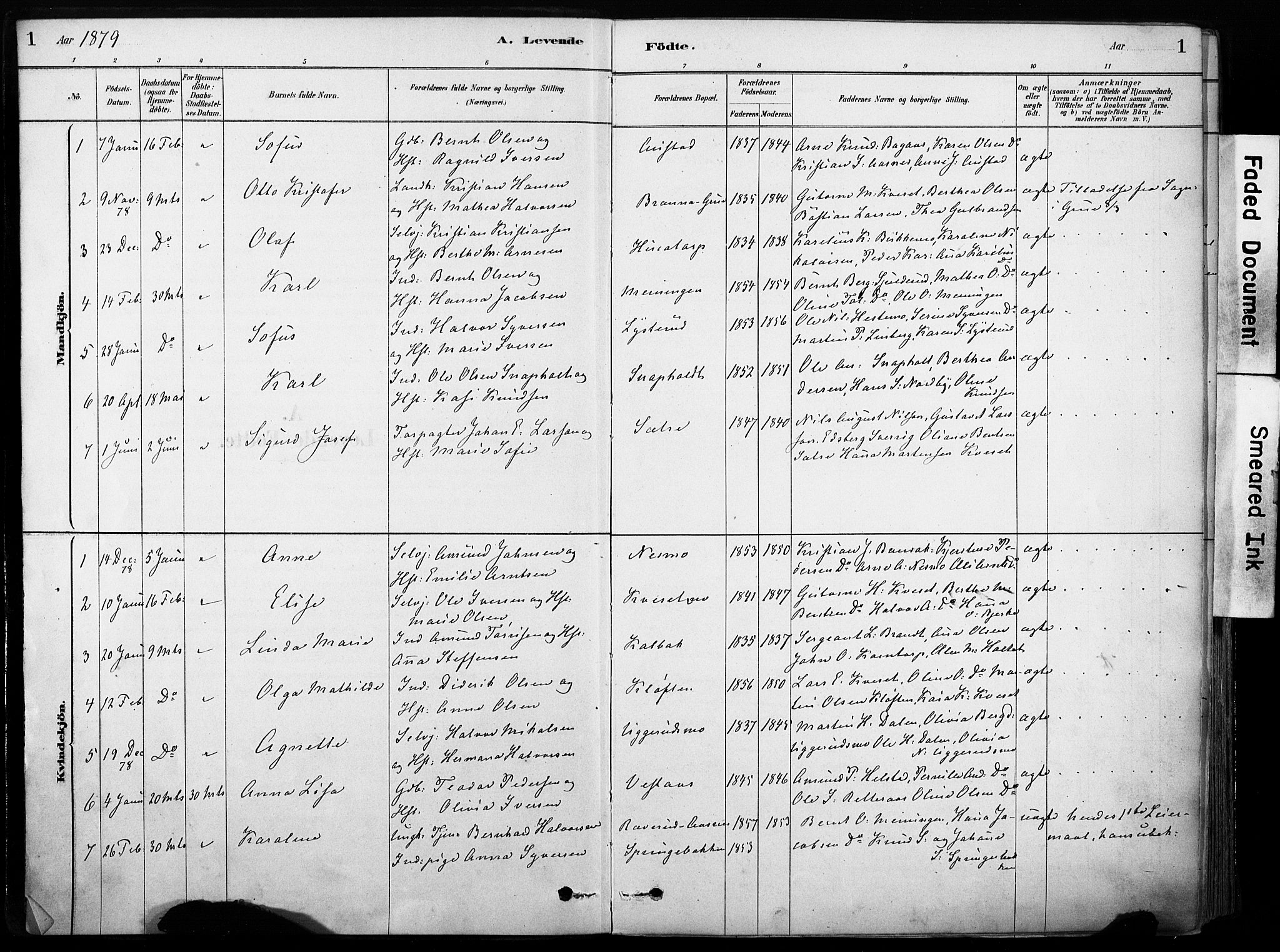 Hof prestekontor, AV/SAH-PREST-038/H/Ha/Haa/L0011: Parish register (official) no. 11, 1879-1911, p. 1