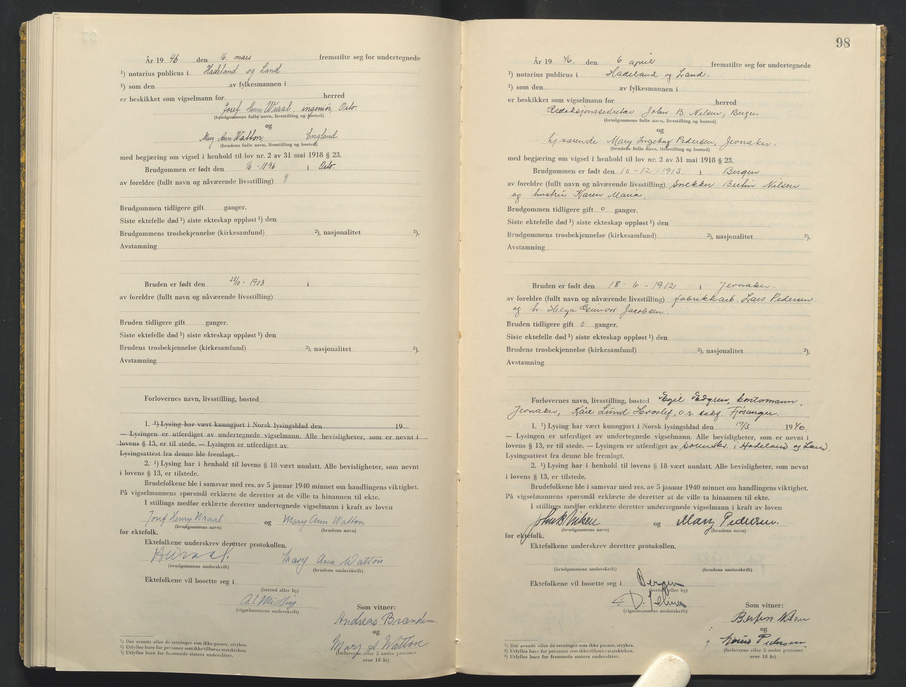 Hadeland og Land tingrett, AV/SAH-TING-010/L/Lb/L0003: Vigselbok, 1944-1946, p. 98