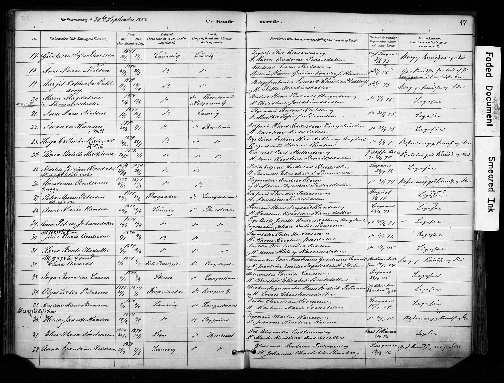 Larvik kirkebøker, AV/SAKO-A-352/F/Fa/L0008: Parish register (official) no. I 8, 1884-1902, p. 47