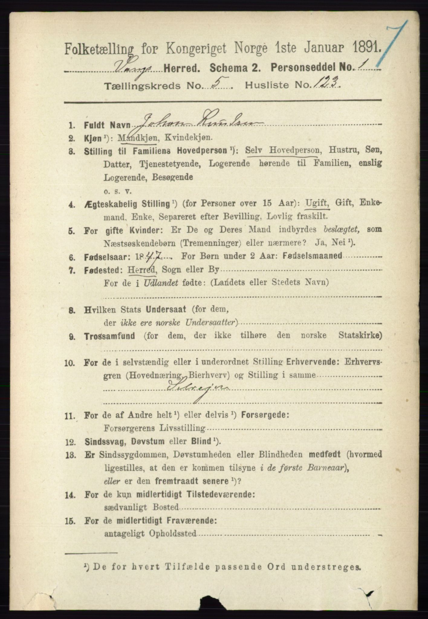 RA, 1891 census for 0414 Vang, 1891, p. 4165