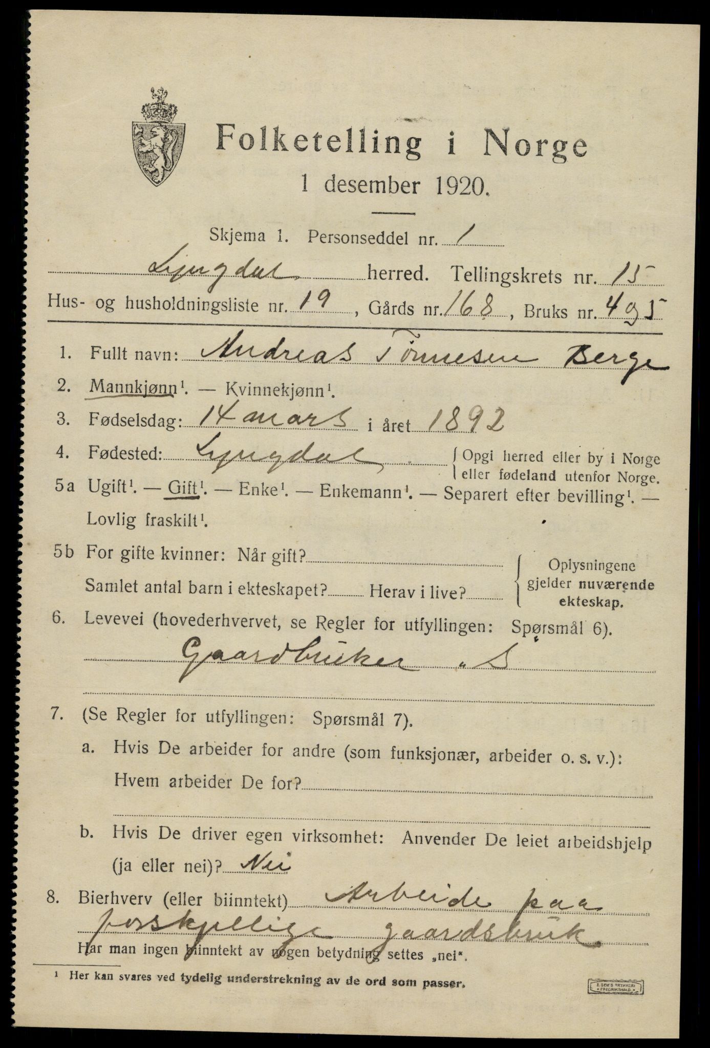 SAK, 1920 census for Lyngdal, 1920, p. 6481