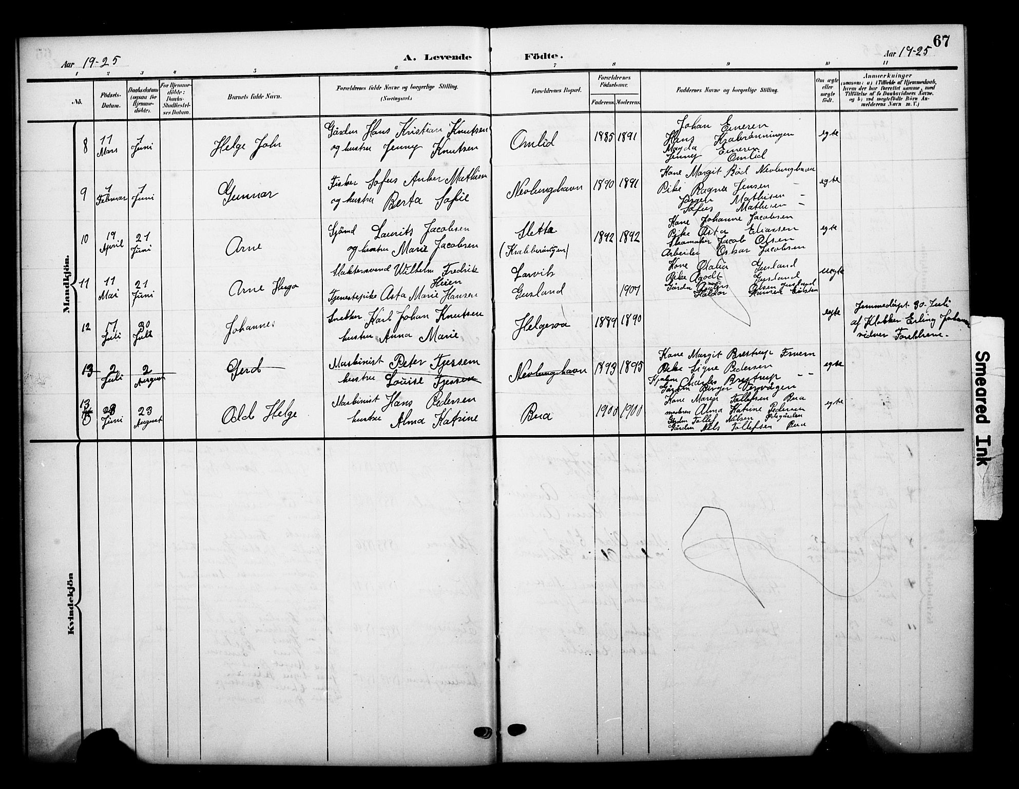 Brunlanes kirkebøker, AV/SAKO-A-342/G/Gb/L0003: Parish register (copy) no. II 3, 1903-1928, p. 67