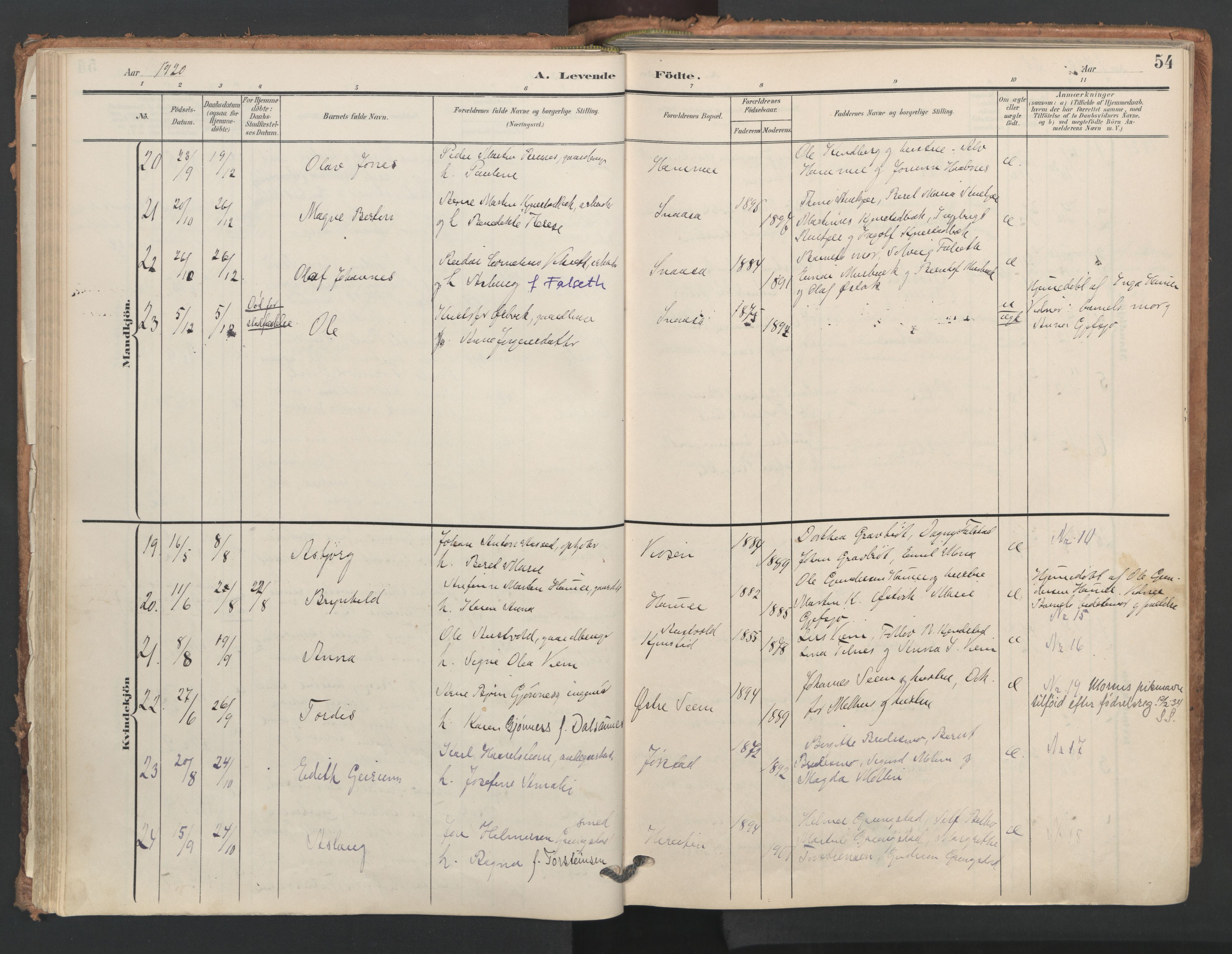 Ministerialprotokoller, klokkerbøker og fødselsregistre - Nord-Trøndelag, AV/SAT-A-1458/749/L0477: Parish register (official) no. 749A11, 1902-1927, p. 54