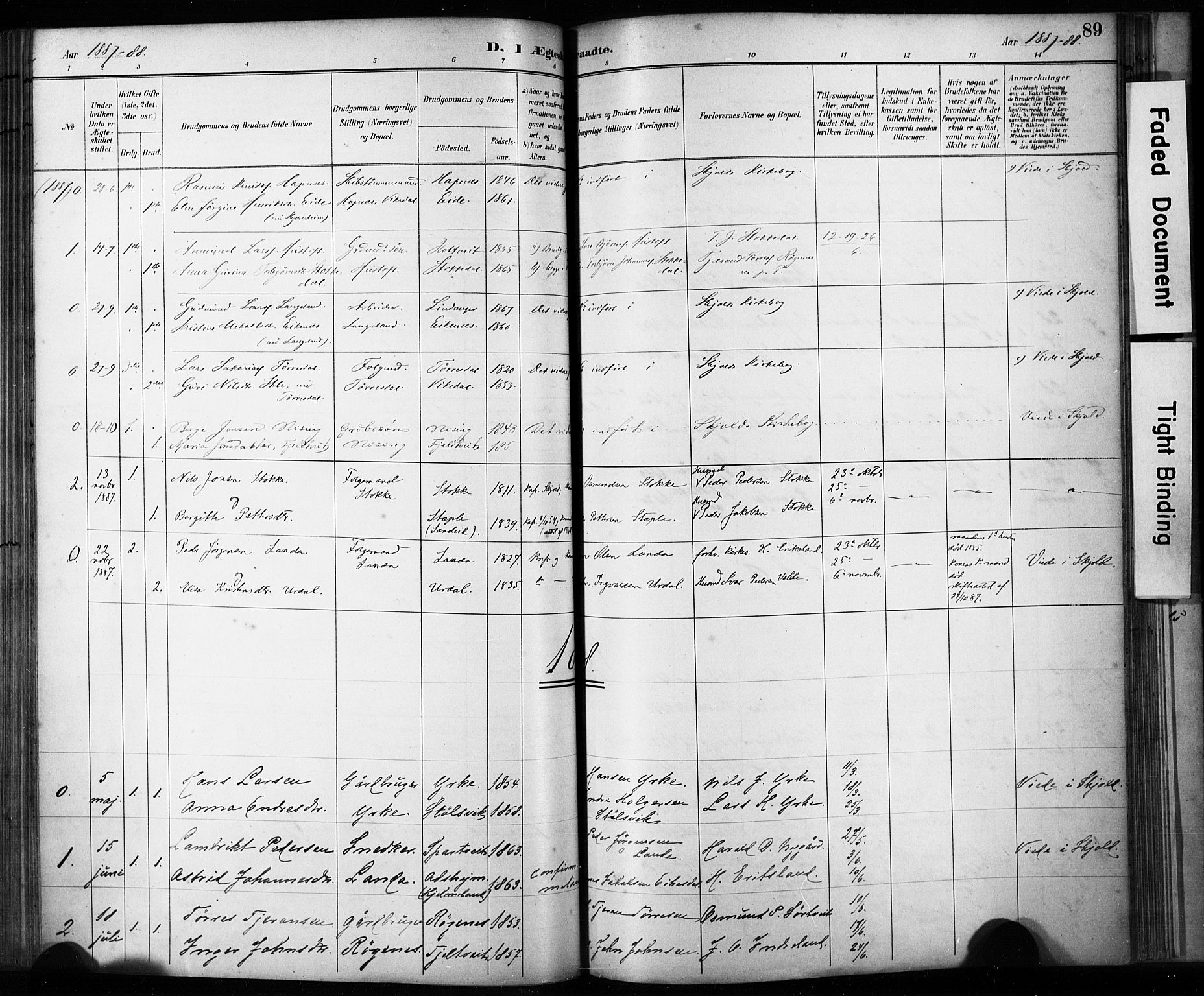 Skjold sokneprestkontor, AV/SAST-A-101847/H/Ha/Haa/L0009: Parish register (official) no. A 9, 1882-1898, p. 89