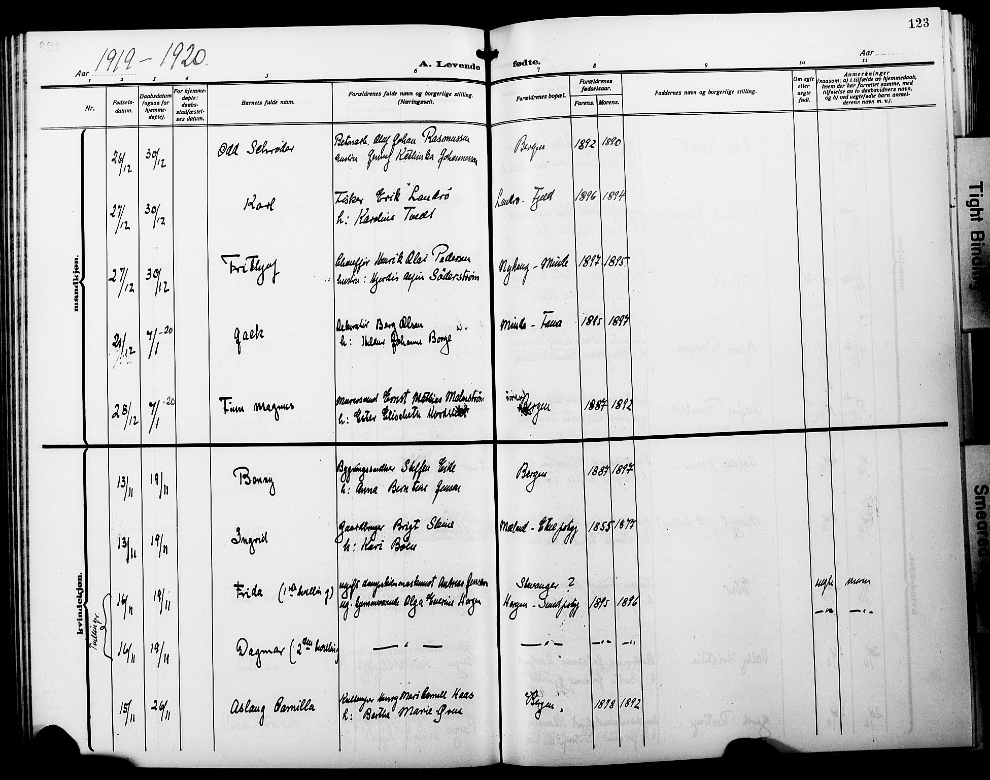 Fødselsstiftelsens sokneprestembete*, SAB/-: Parish register (copy) no. A 3, 1916-1925, p. 123