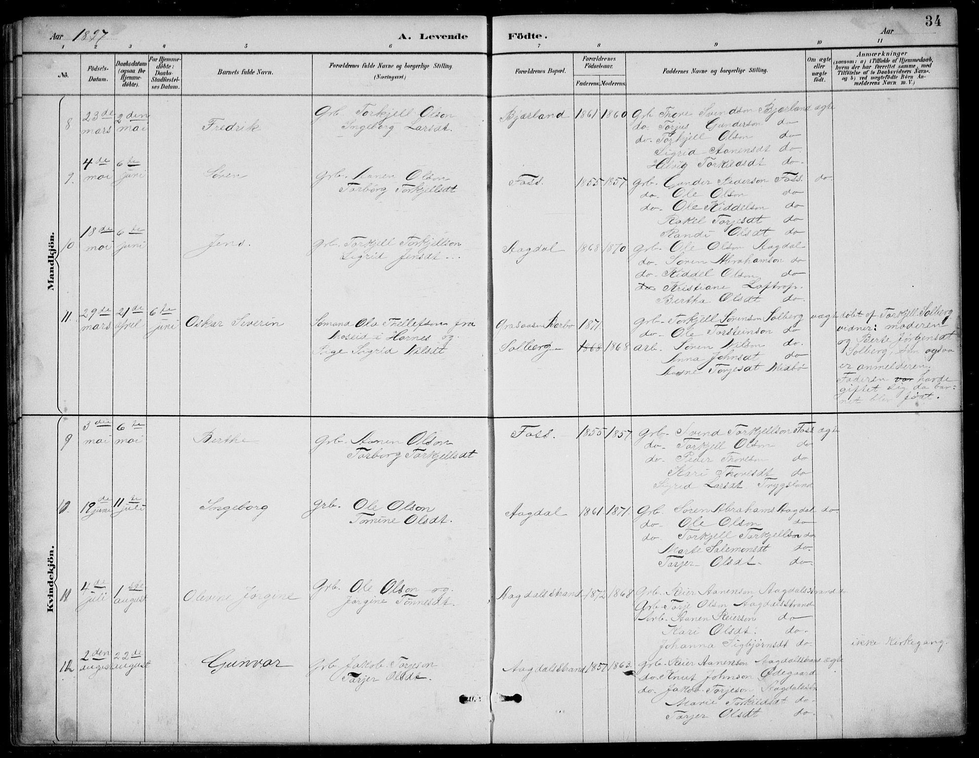 Bjelland sokneprestkontor, AV/SAK-1111-0005/F/Fb/Fba/L0005: Parish register (copy) no. B 5, 1887-1923, p. 34