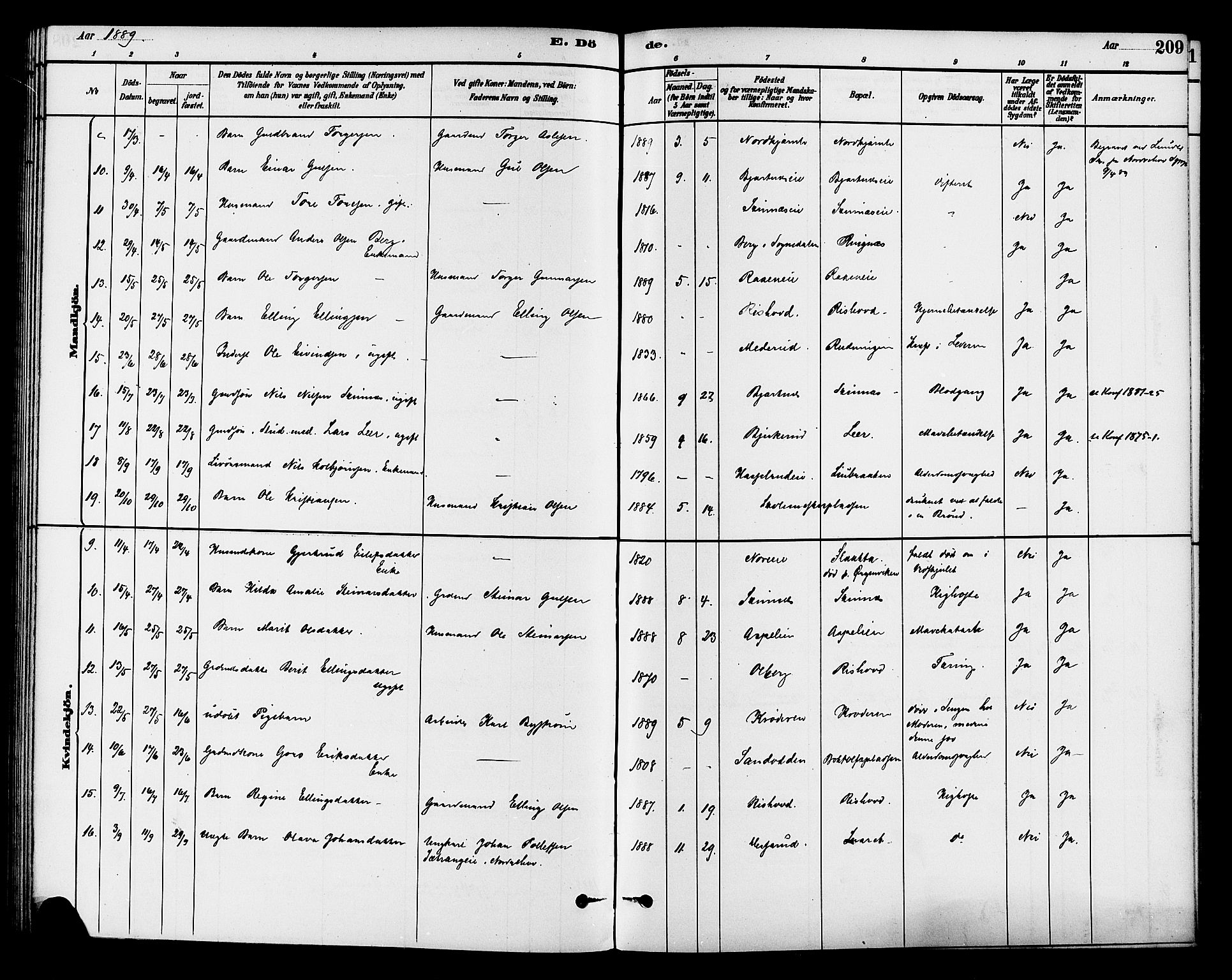 Krødsherad kirkebøker, AV/SAKO-A-19/G/Ga/L0001: Parish register (copy) no. 1, 1879-1893, p. 209