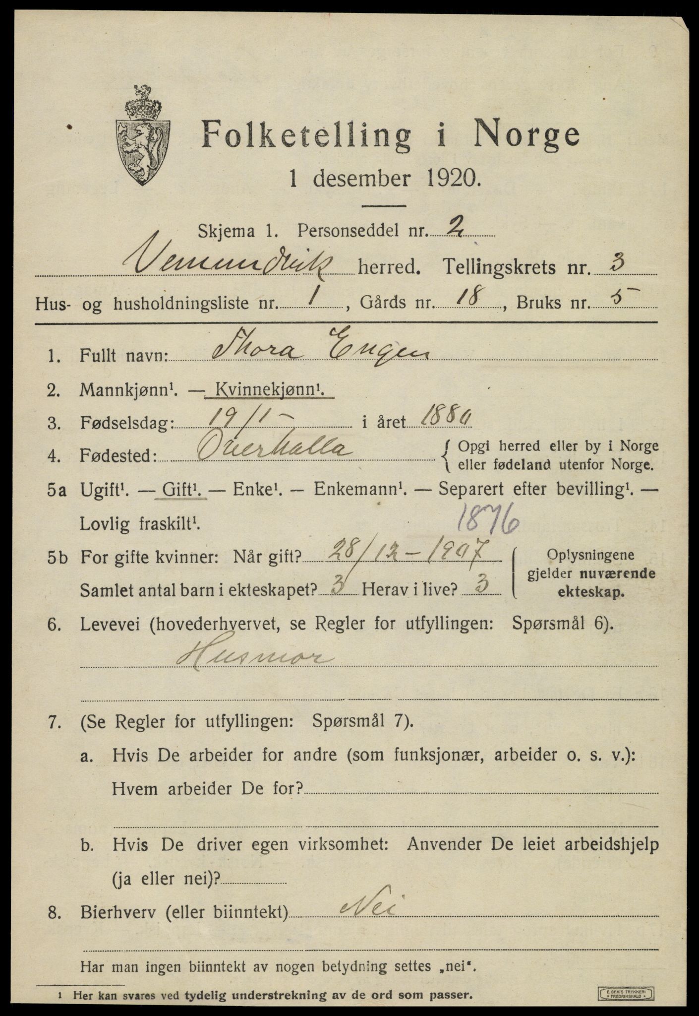 SAT, 1920 census for Vemundvik, 1920, p. 3719