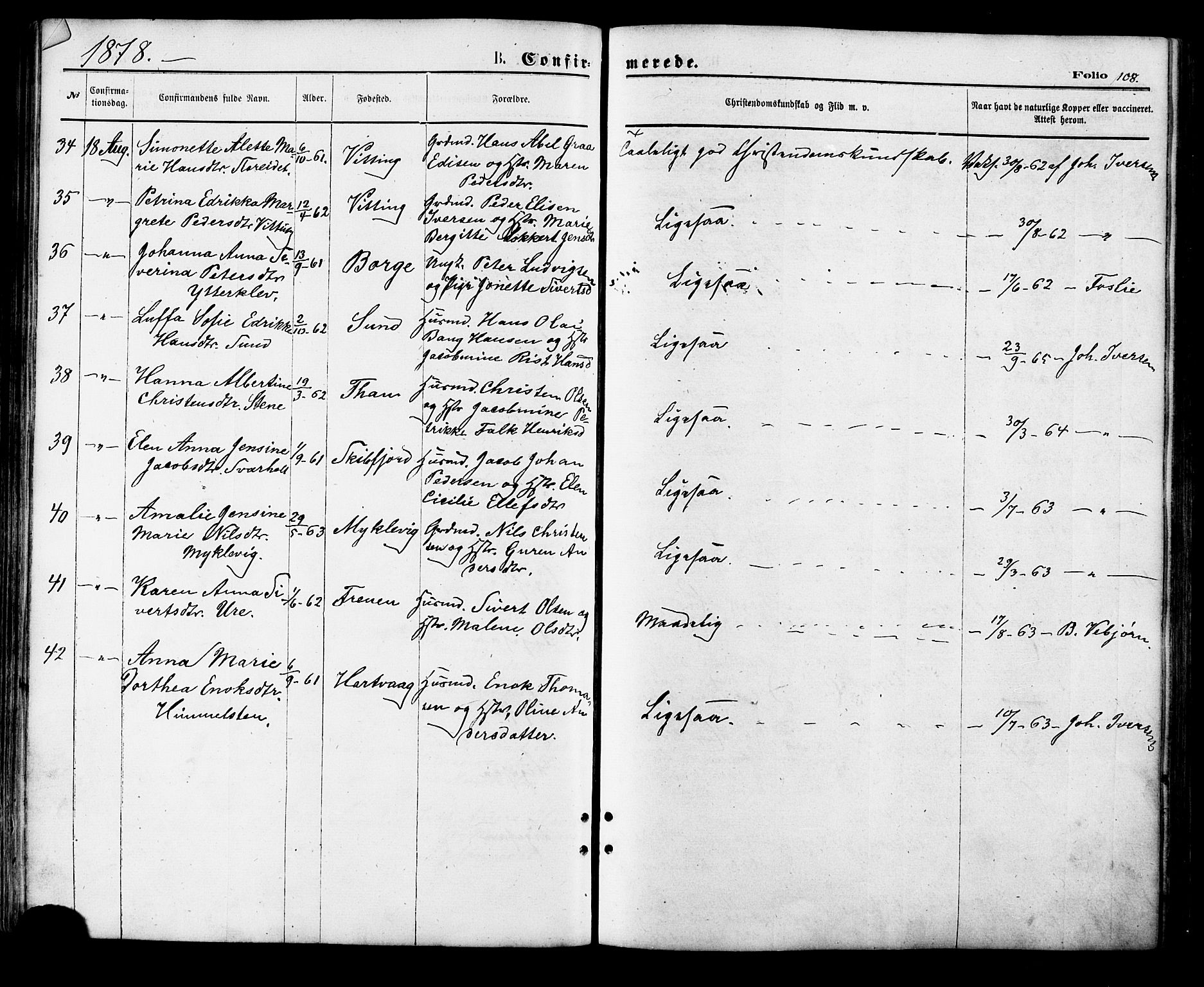 Ministerialprotokoller, klokkerbøker og fødselsregistre - Nordland, AV/SAT-A-1459/881/L1166: Parish register (copy) no. 881C03, 1876-1885, p. 108