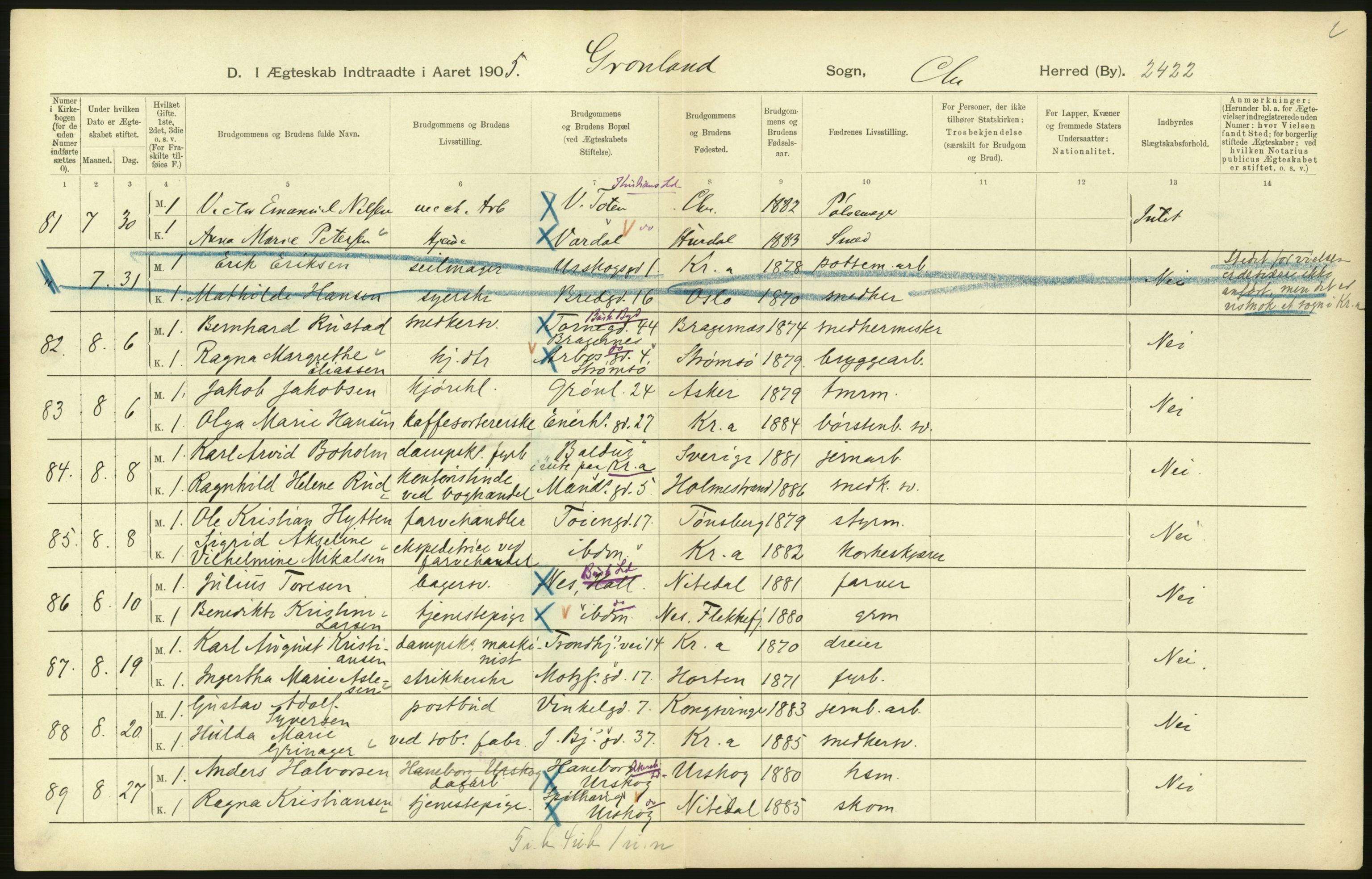 Statistisk sentralbyrå, Sosiodemografiske emner, Befolkning, AV/RA-S-2228/D/Df/Dfa/Dfac/L0007b: Kristiania: Gifte, 1905, p. 356