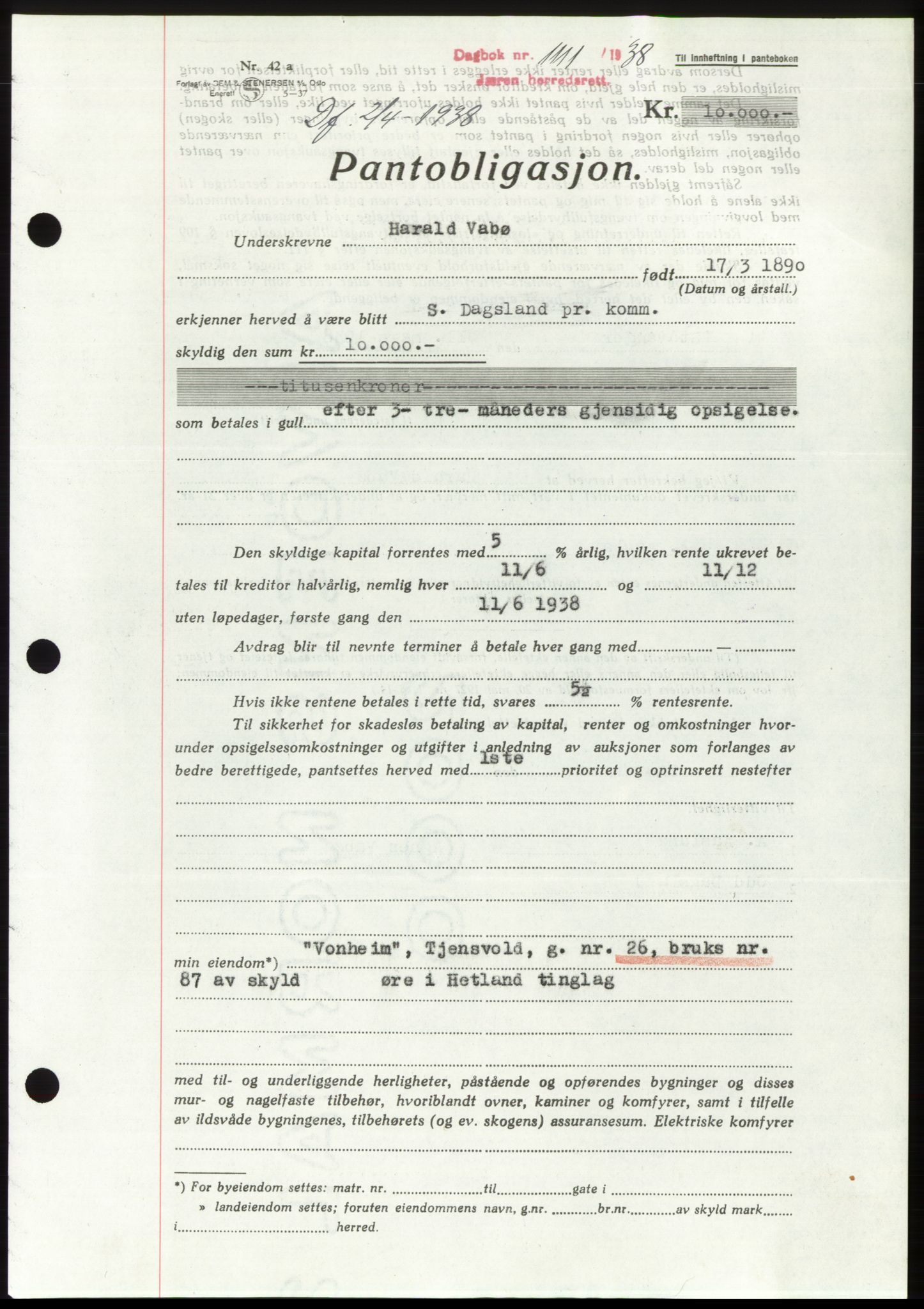 Jæren sorenskriveri, SAST/A-100310/03/G/Gba/L0070: Mortgage book, 1938-1938, Diary no: : 1111/1938