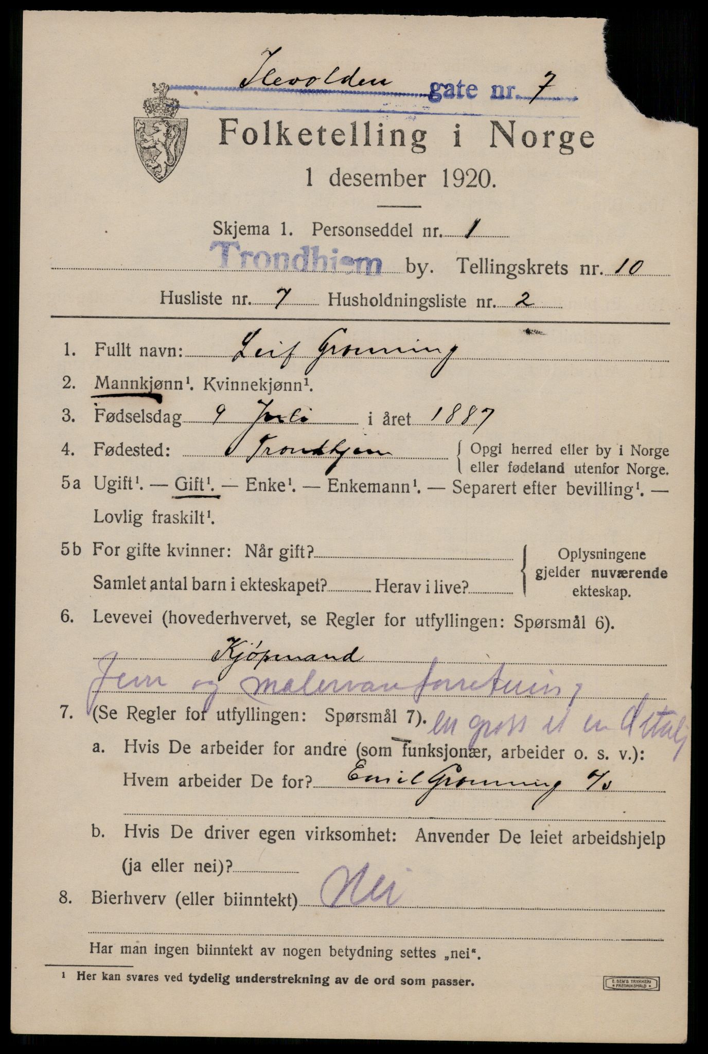 SAT, 1920 census for Trondheim, 1920, p. 45110