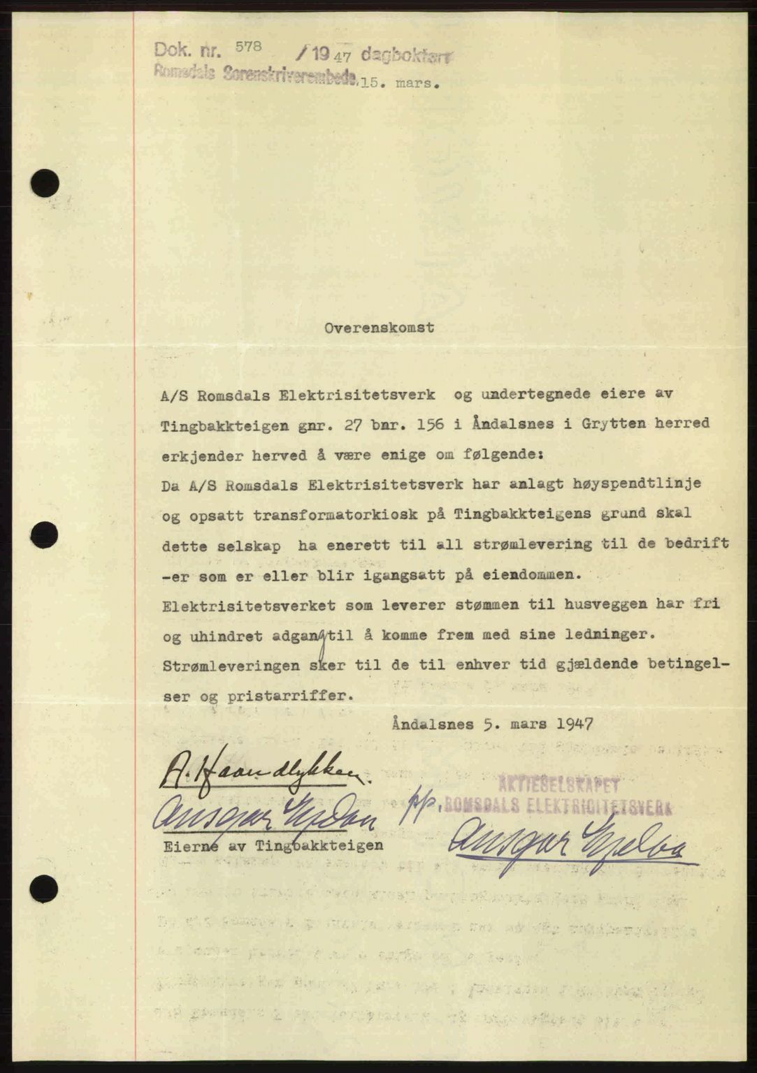 Romsdal sorenskriveri, AV/SAT-A-4149/1/2/2C: Mortgage book no. A22, 1947-1947, Diary no: : 578/1947