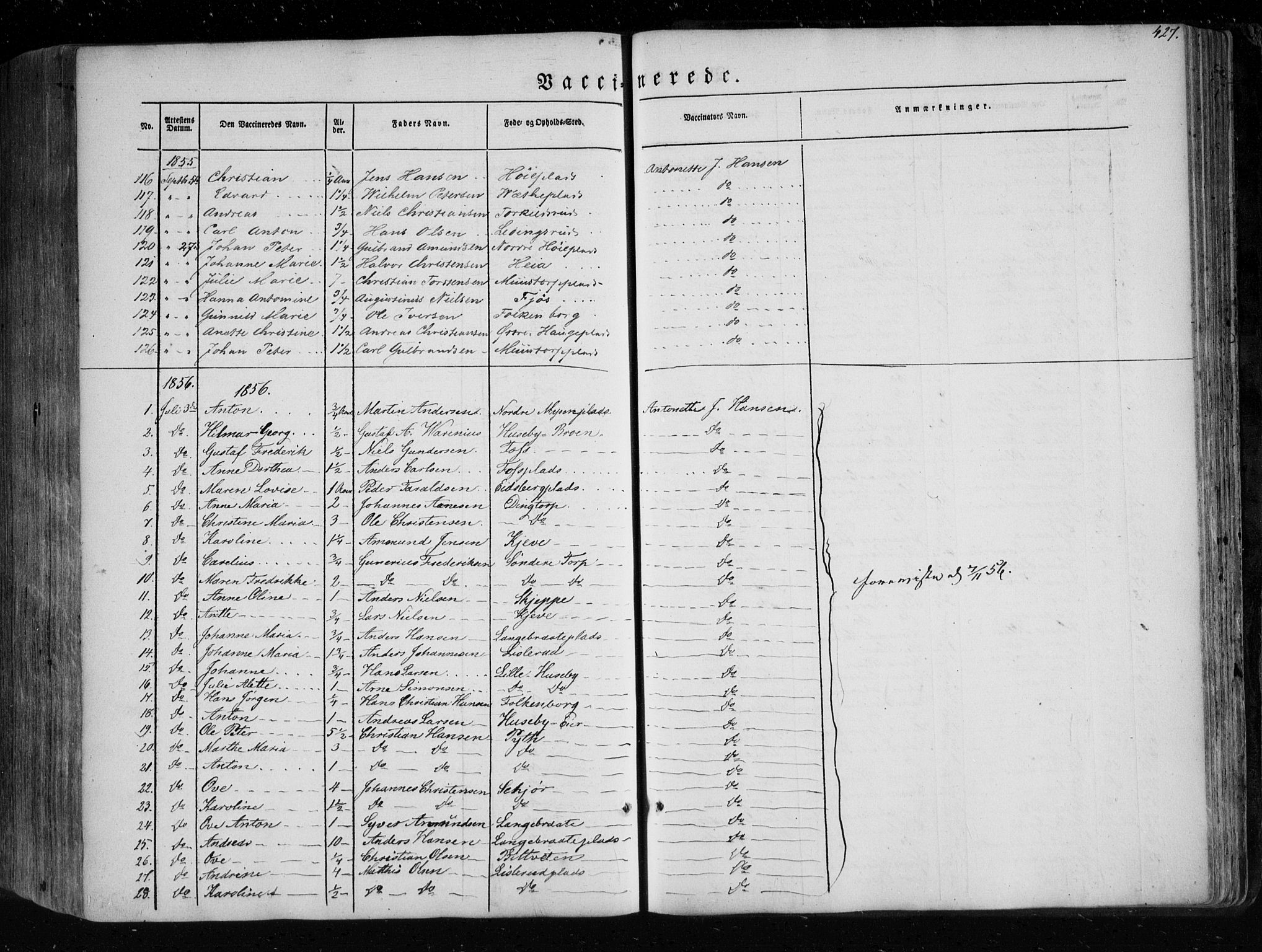 Eidsberg prestekontor Kirkebøker, SAO/A-10905/F/Fa/L0009: Parish register (official) no. I 9, 1849-1856, p. 427
