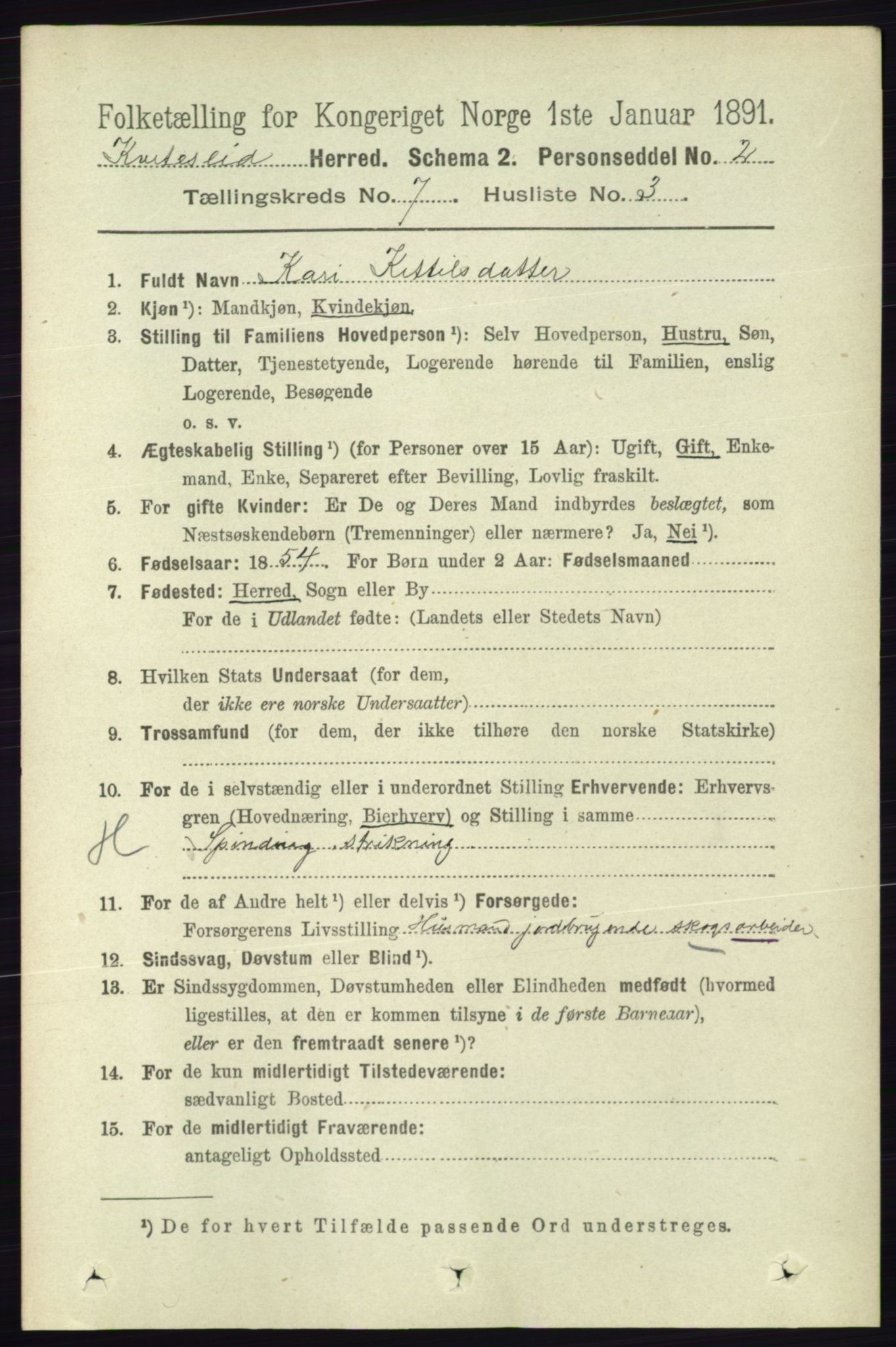 RA, 1891 census for 0829 Kviteseid, 1891, p. 1378